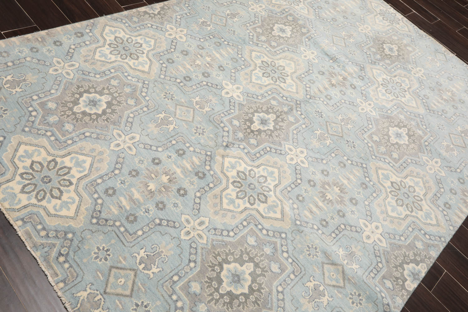 6x9 Blue, Ivory, Gray Color Hand Knotted Geometric 100% Wool Transitional Oriental Rug