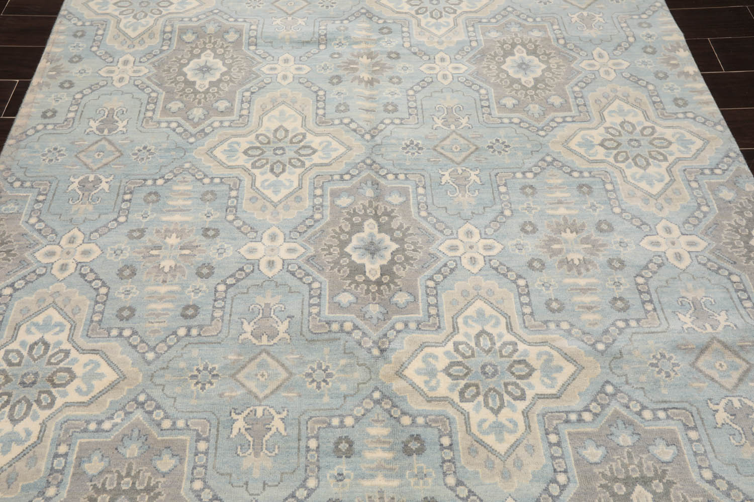 6x9 Blue, Ivory, Gray Color Hand Knotted Geometric 100% Wool Transitional Oriental Rug