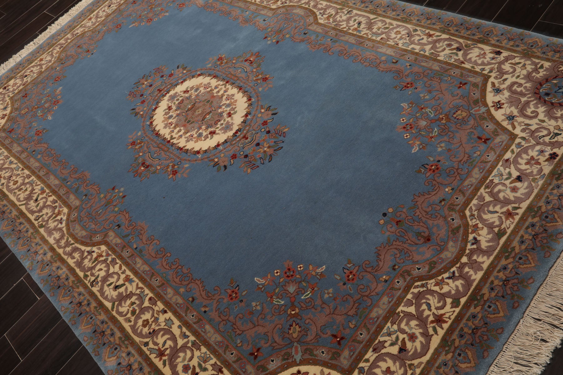 6x9 Blue, Ivory, Taupe Color Hand Knotted French Aubusson Savonnerie Wool Traditional Oriental Rug