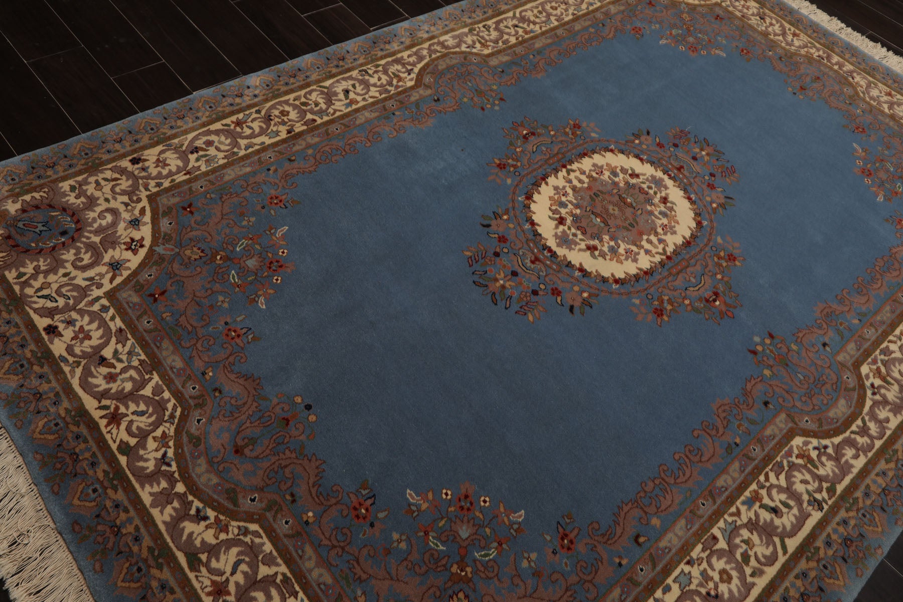 6x9 Blue, Ivory, Taupe Color Hand Knotted French Aubusson Savonnerie Wool Traditional Oriental Rug