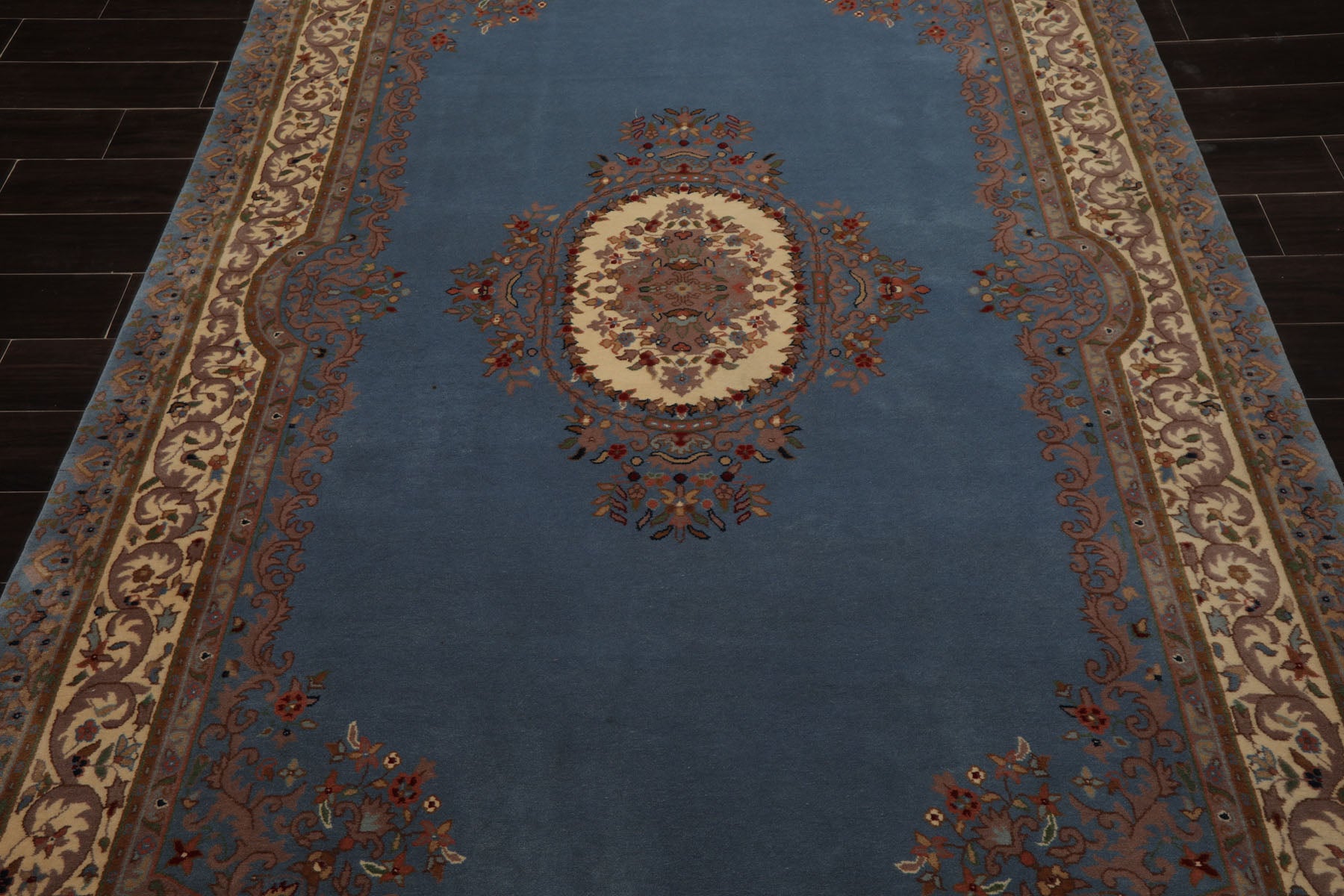 6x9 Blue, Ivory, Taupe Color Hand Knotted French Aubusson Savonnerie Wool Traditional Oriental Rug