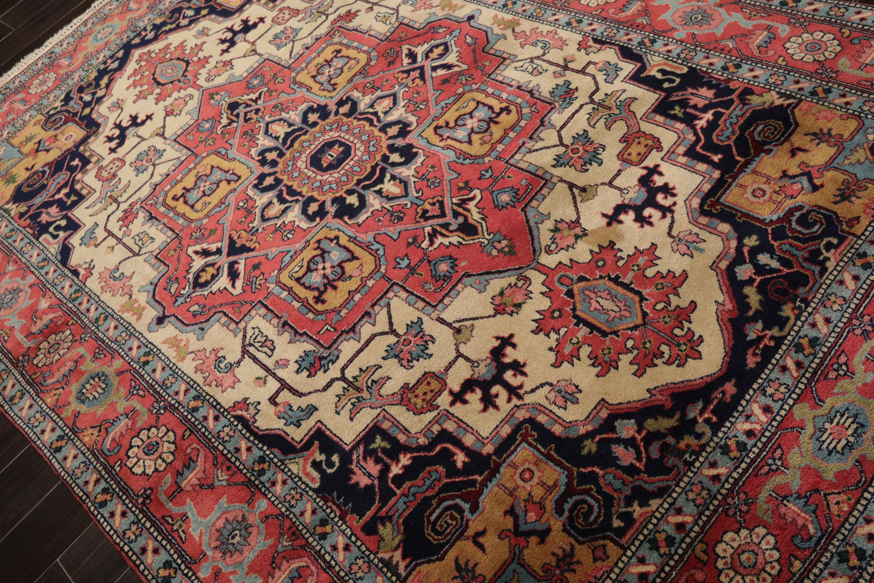 6x9 Pink, Ivory, Midnight Blue Color Hand Knotted Heriz New Zealand Wool Arts & Crafts Oriental Rug