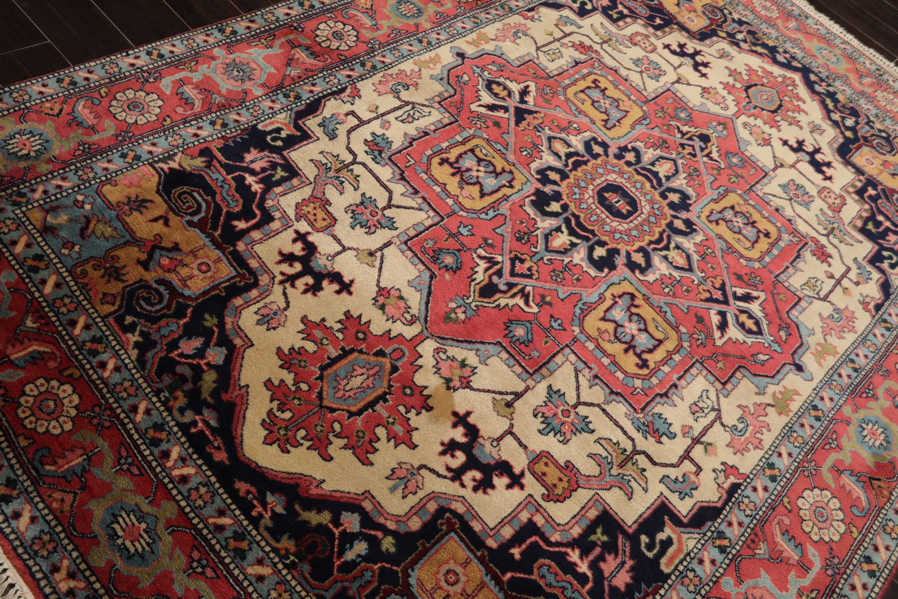 6x9 Pink, Ivory, Midnight Blue Color Hand Knotted Heriz New Zealand Wool Arts & Crafts Oriental Rug