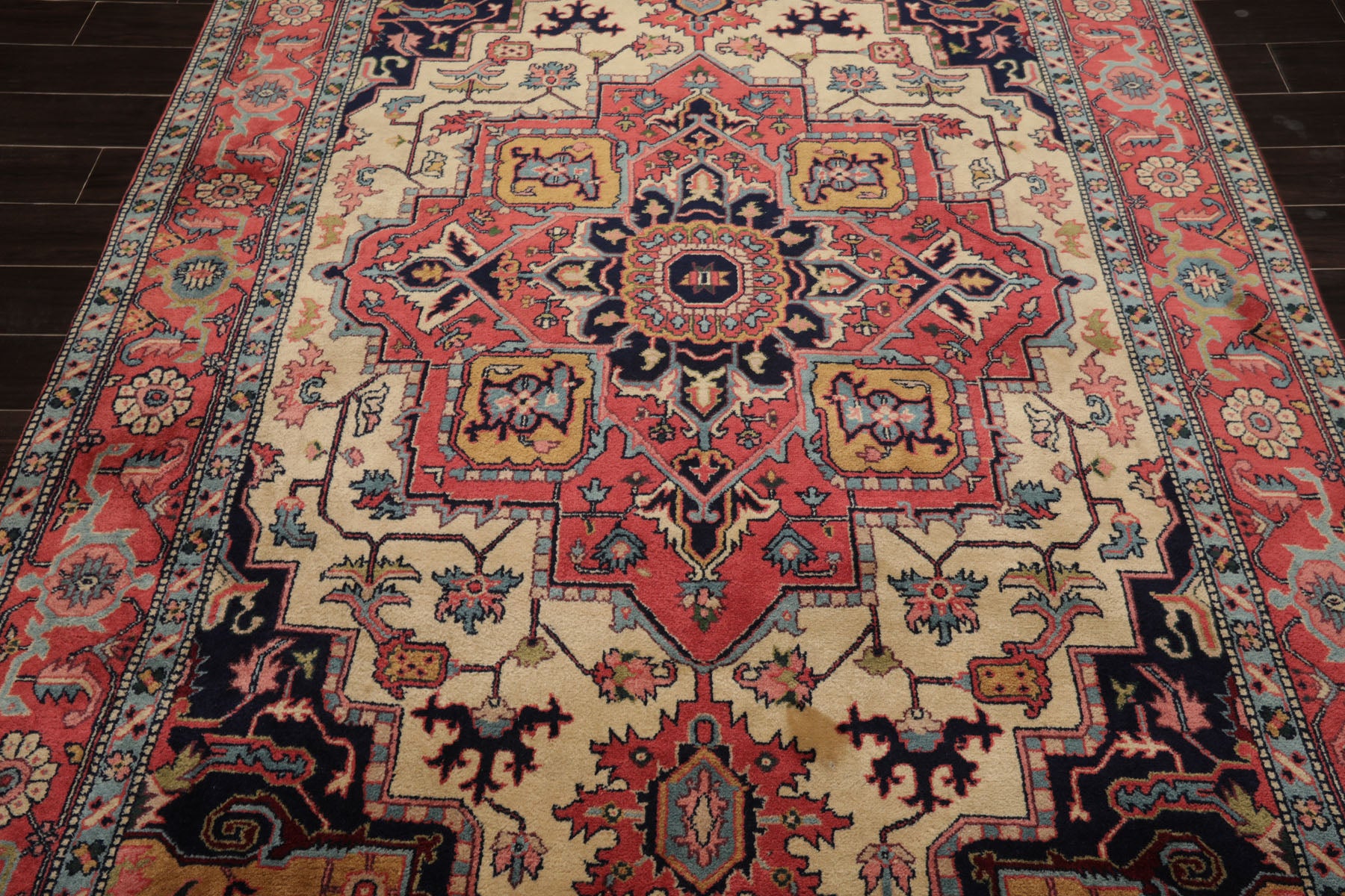 6x9 Pink, Ivory, Midnight Blue Color Hand Knotted Heriz New Zealand Wool Arts & Crafts Oriental Rug