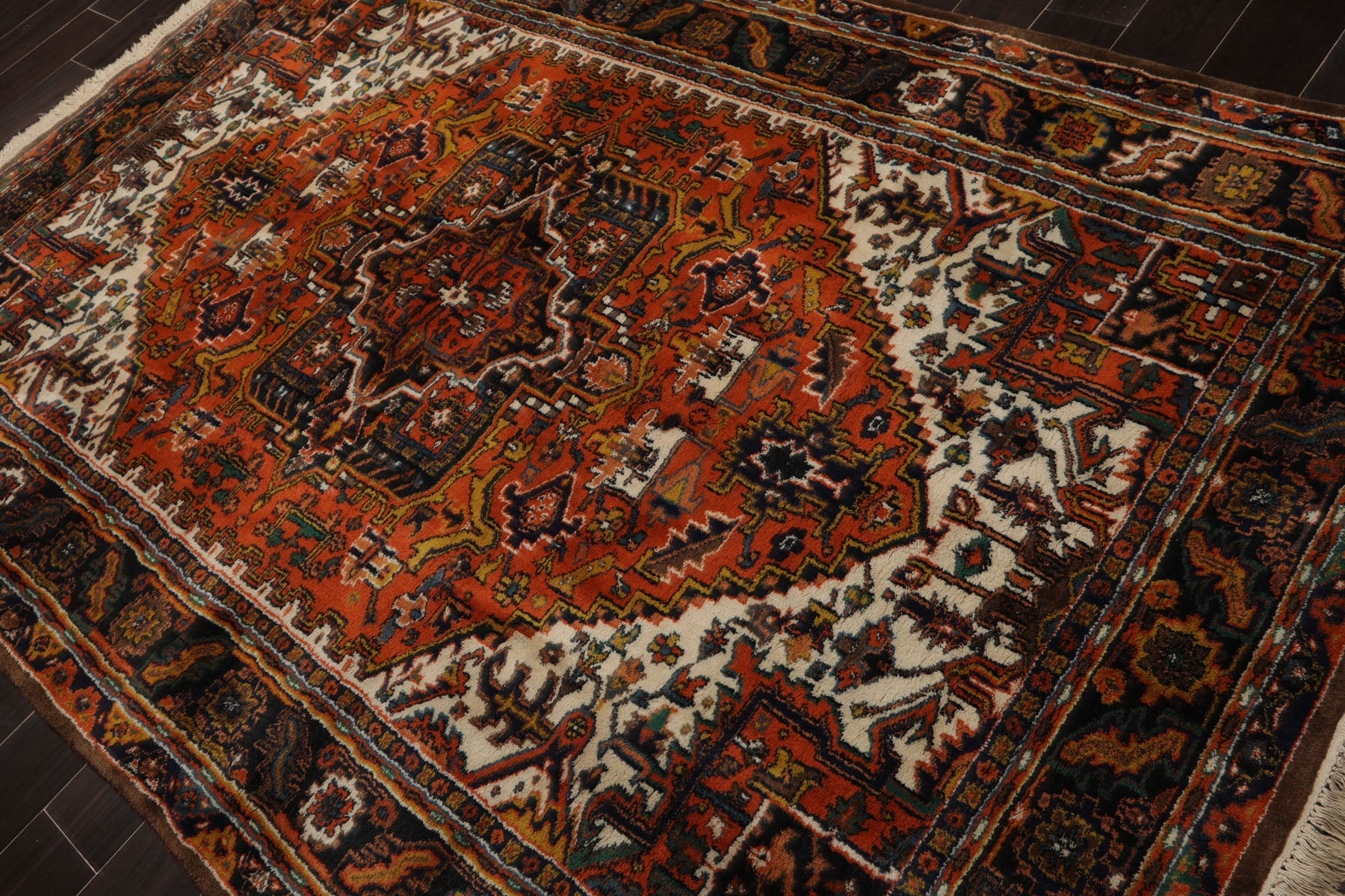 6x9 Orange, Ivory, Black Color Hand Knotted Heriz Wool Arts & Crafts Oriental Rug