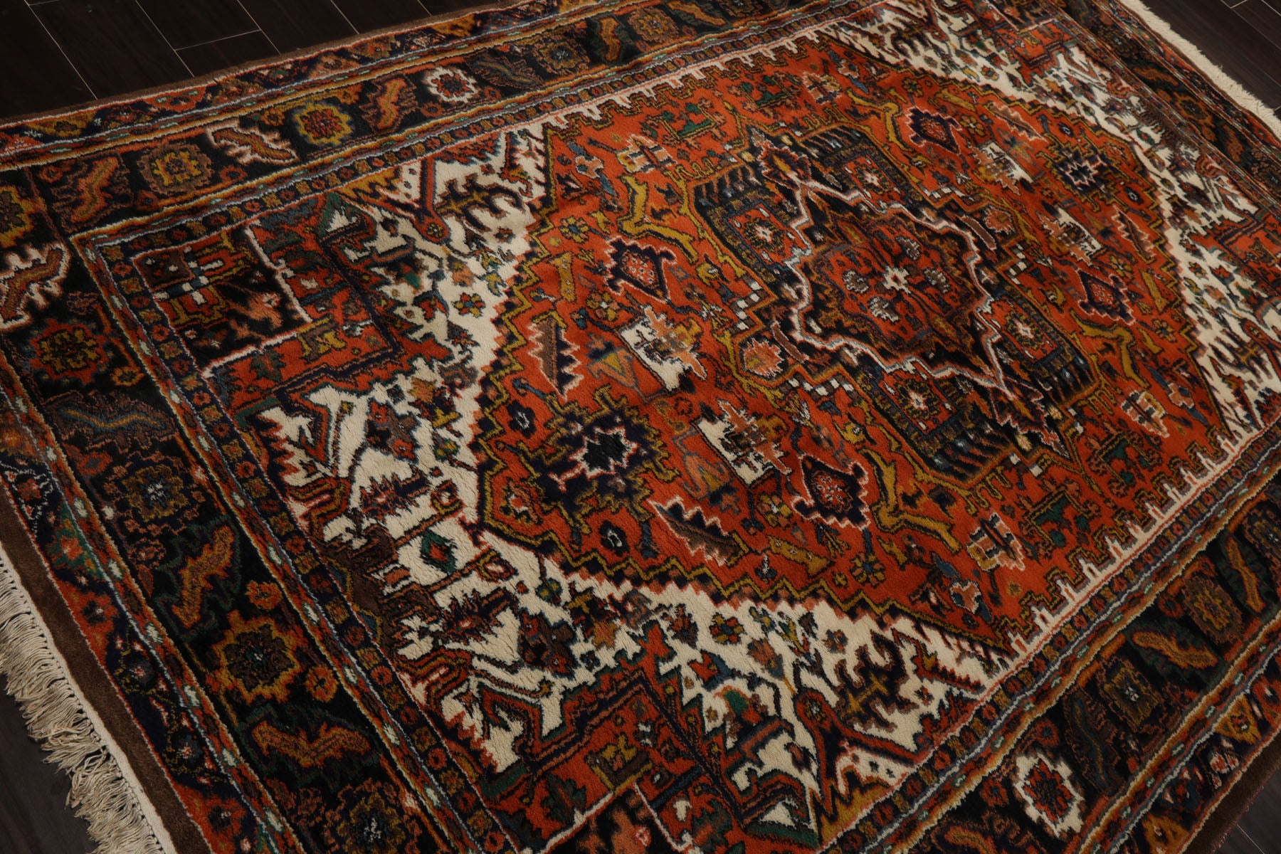 6x9 Orange, Ivory, Black Color Hand Knotted Heriz Wool Arts & Crafts Oriental Rug