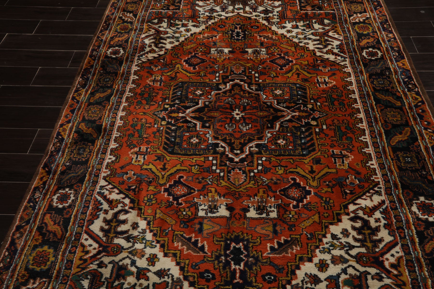 6x9 Orange, Ivory, Black Color Hand Knotted Heriz Wool Arts & Crafts Oriental Rug