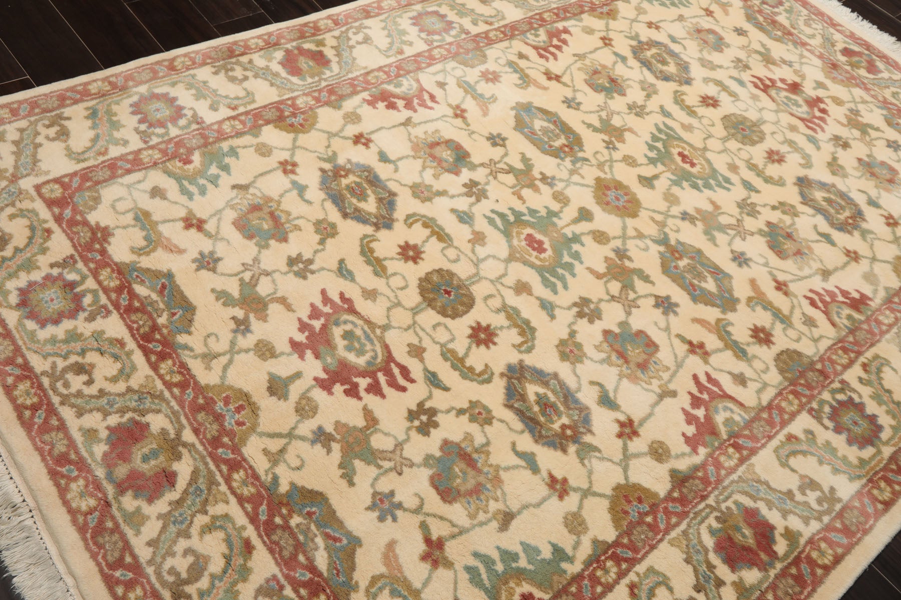 6x9 Ivory, Raspberry, Aqua Color Hand Knotted Oushak New Zealand Wool Arts & Crafts Oriental Rug