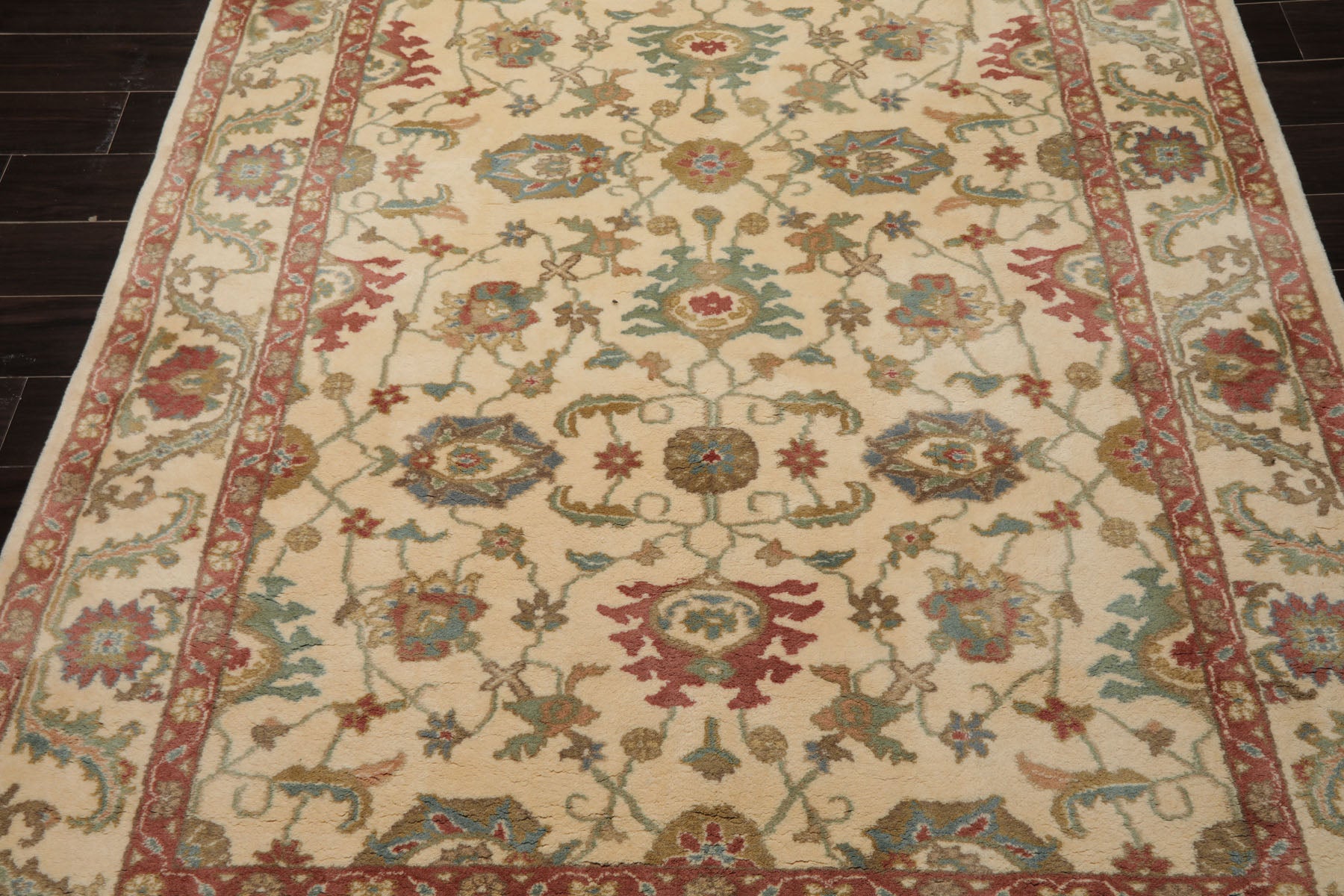 6x9 Ivory, Raspberry, Aqua Color Hand Knotted Oushak New Zealand Wool Arts & Crafts Oriental Rug