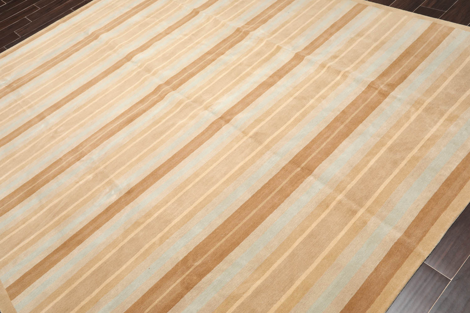 8x10 Tan, Aqua, Brown Color Hand Knotted Striped 100% Wool Modern Oriental Rug