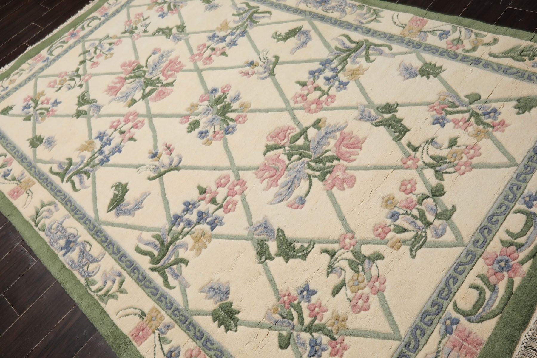 6x9 Ivory, Mint, Blush Color Hand Knotted French Aubusson Savonnerie New Zealand Wool Traditional Oriental Rug