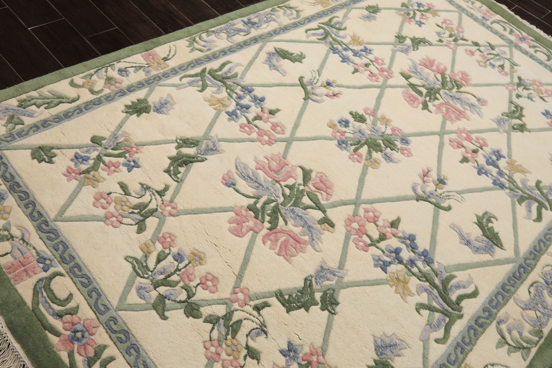 6x9 Ivory, Mint, Blush Color Hand Knotted French Aubusson Savonnerie New Zealand Wool Traditional Oriental Rug