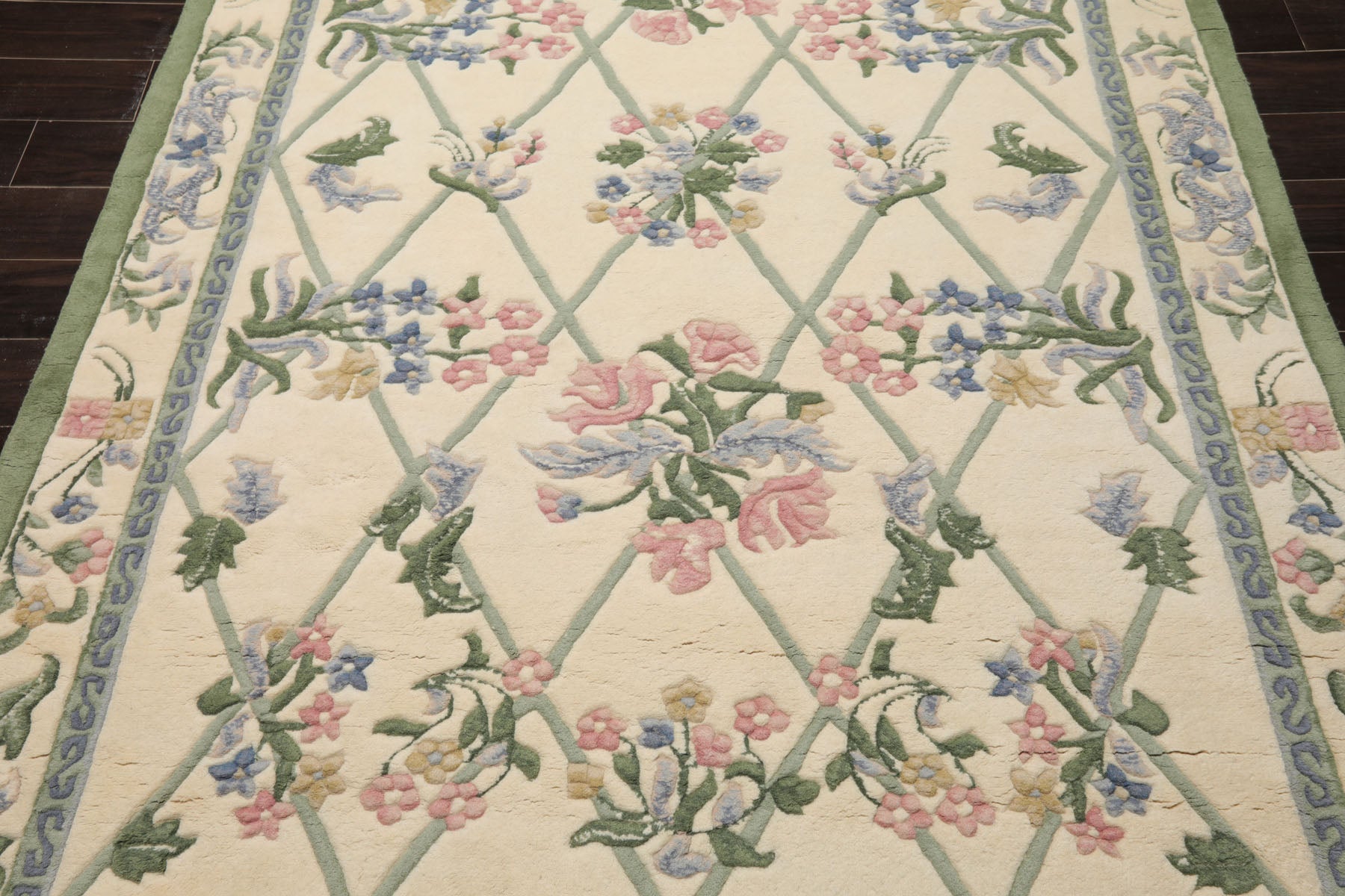 6x9 Ivory, Mint, Blush Color Hand Knotted French Aubusson Savonnerie New Zealand Wool Traditional Oriental Rug