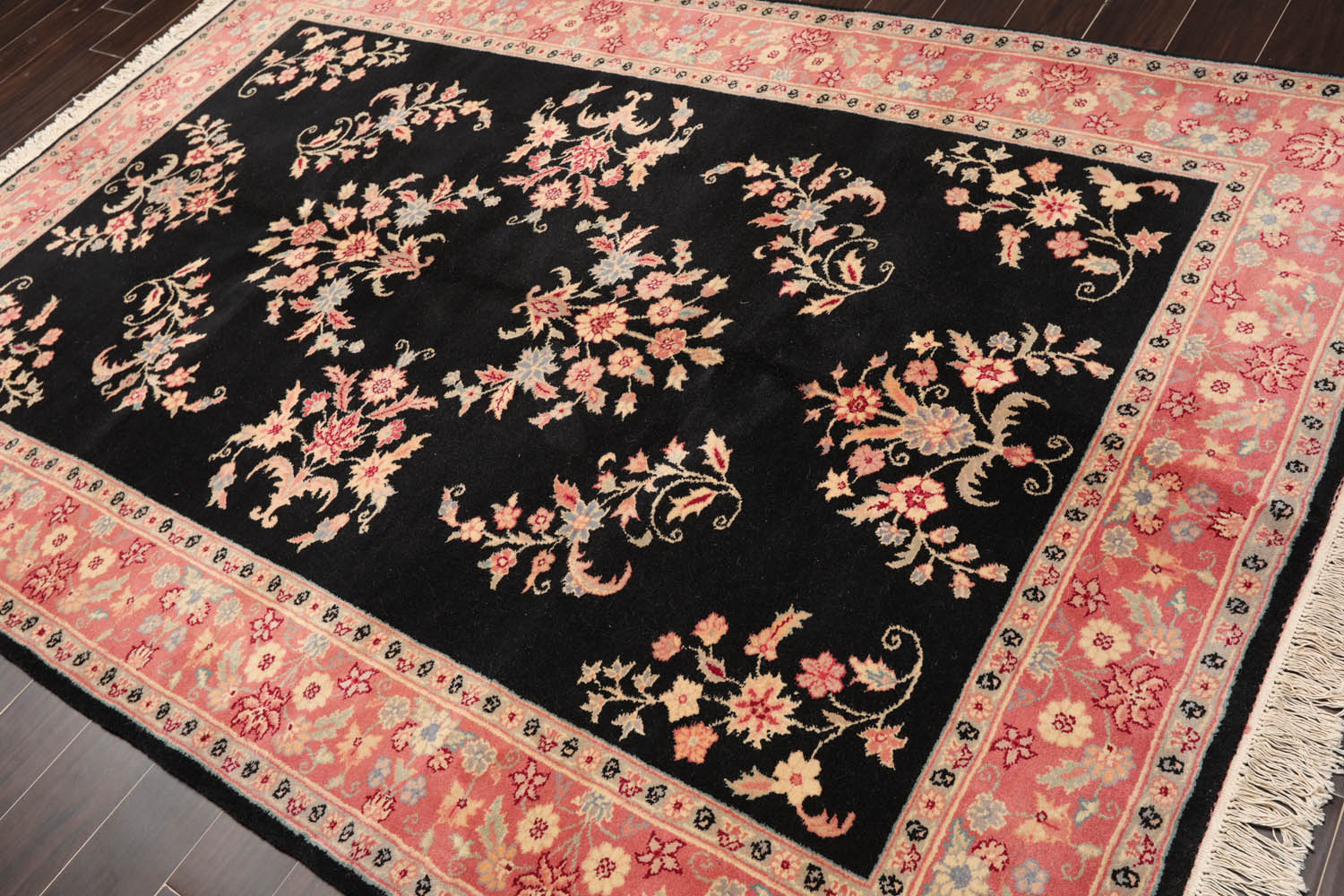 6x9 Black, Pink, Ivory Color Hand Knotted All-Over 100% Wool Traditional Oriental Rug