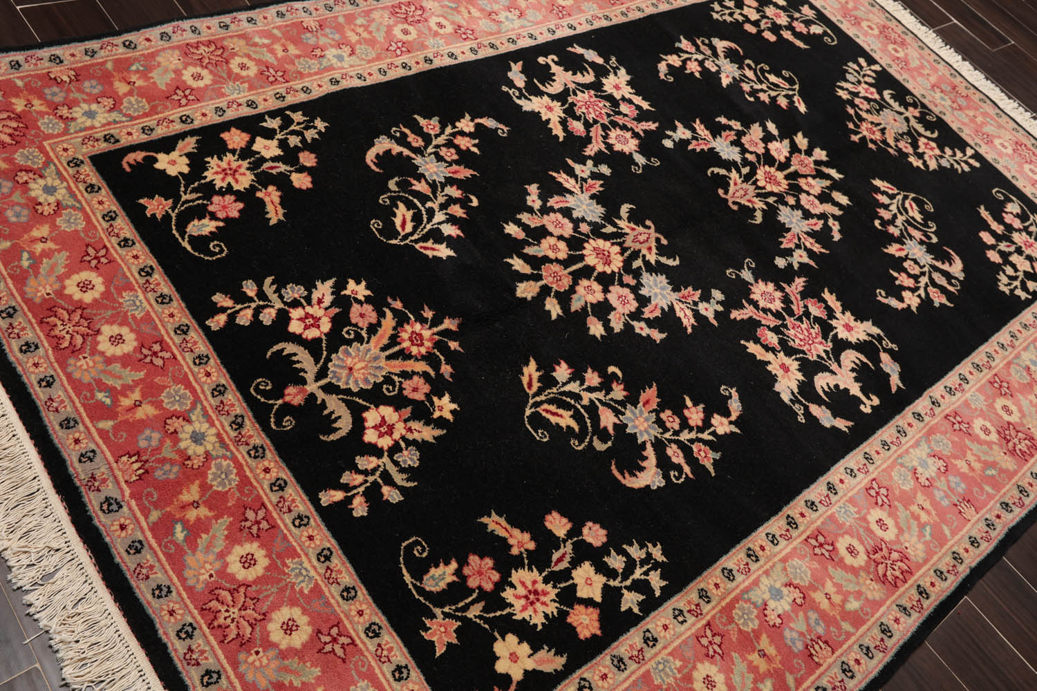 6x9 Black, Pink, Ivory Color Hand Knotted All-Over 100% Wool Traditional Oriental Rug