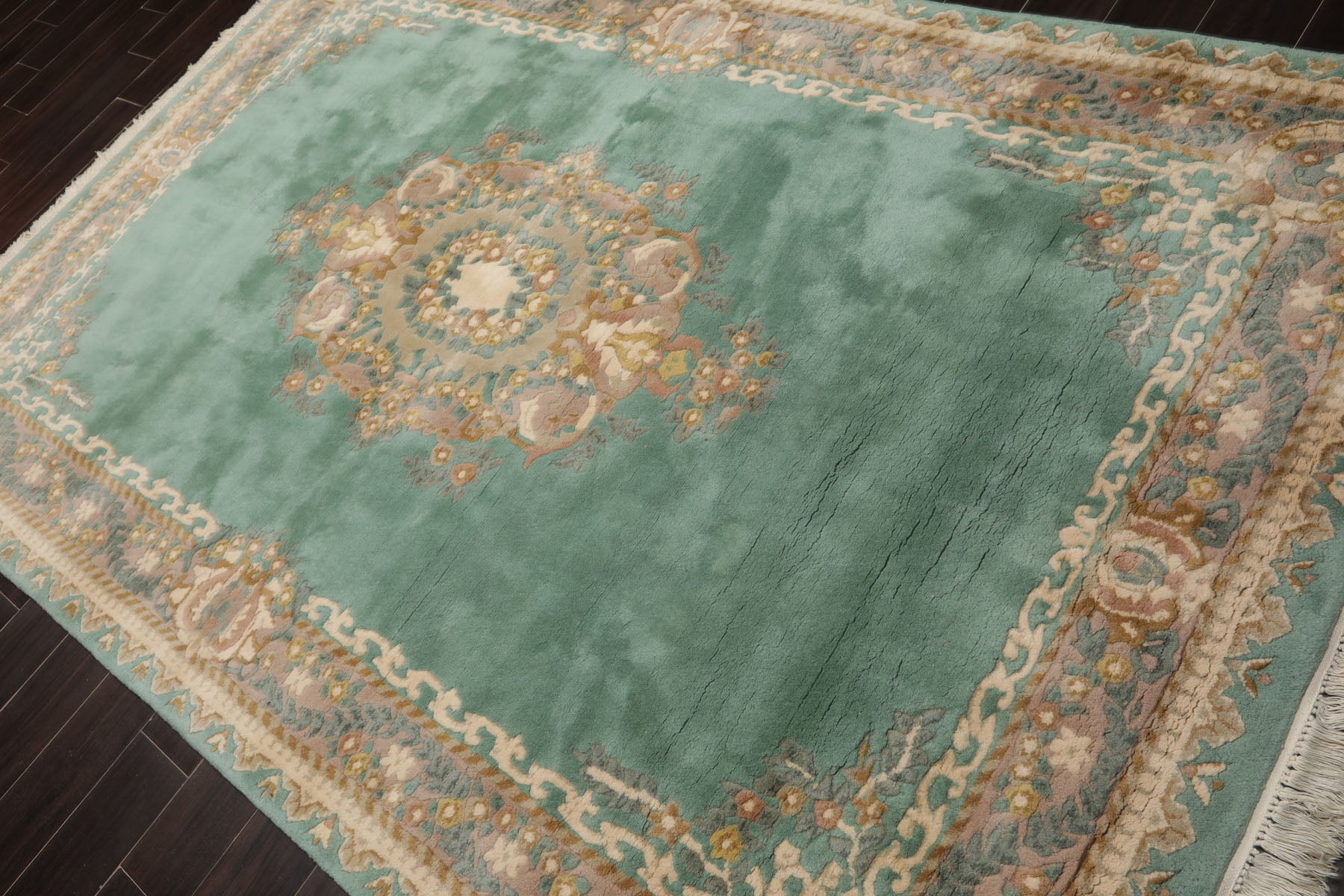6x9 Aqua, Ivory, Taupe Color Hand Knotted French Aubusson Savonnerie New Zealand Wool Traditional Oriental Rug