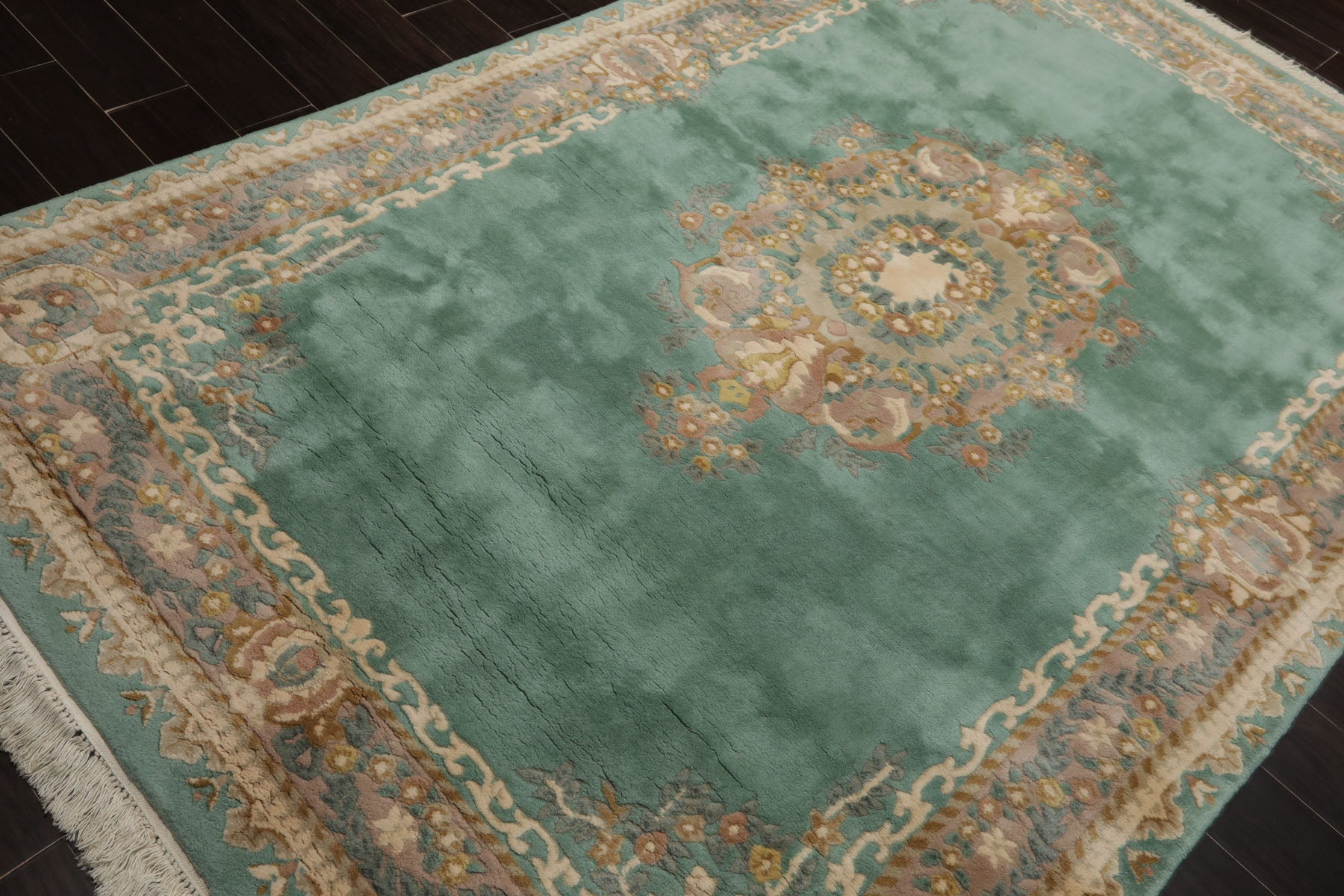 6x9 Aqua, Ivory, Taupe Color Hand Knotted French Aubusson Savonnerie New Zealand Wool Traditional Oriental Rug