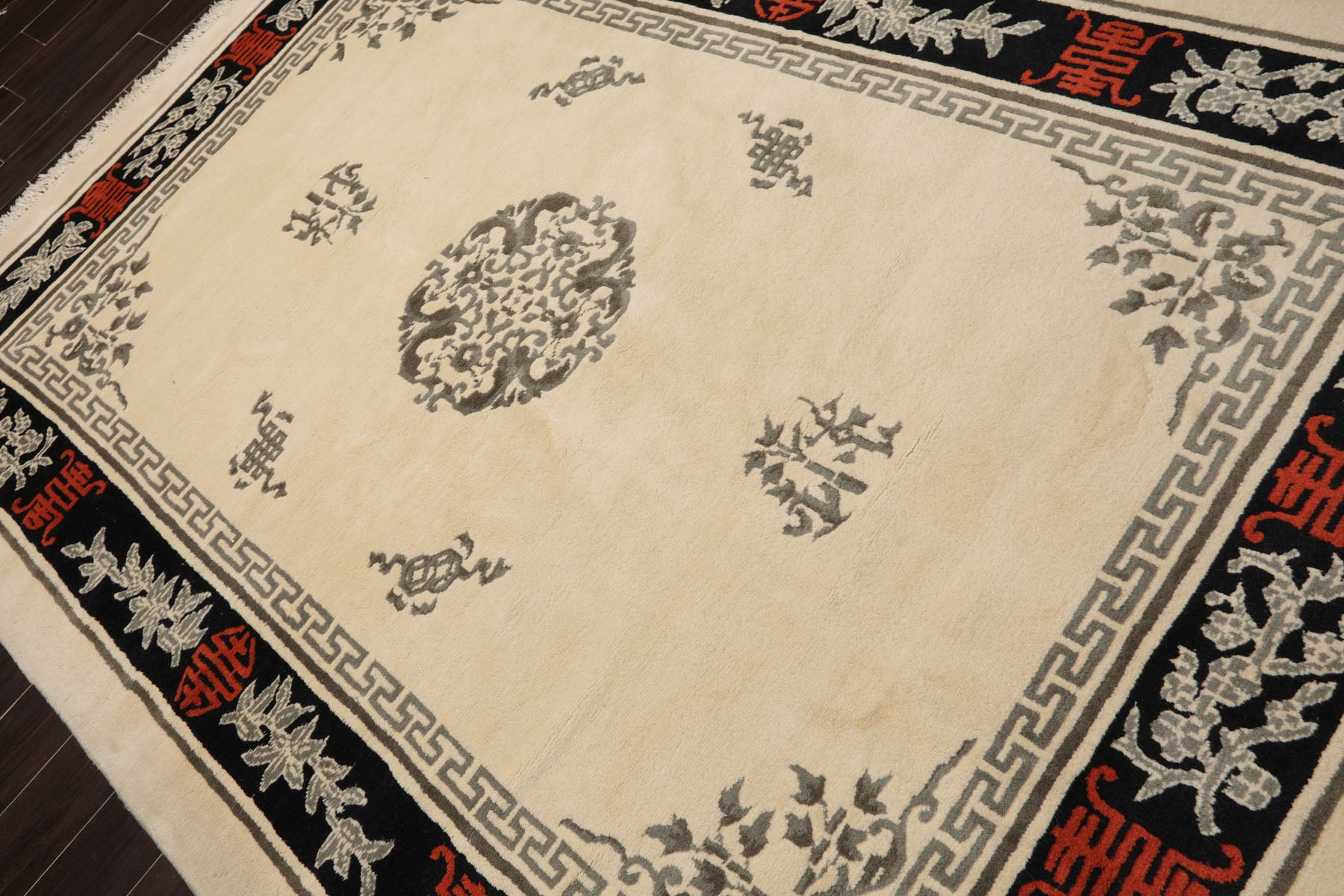 6x9 Ivory, Black, Orange Color Hand Knotted Chinese Art Deco New Zealand Wool Traditional Oriental Rug