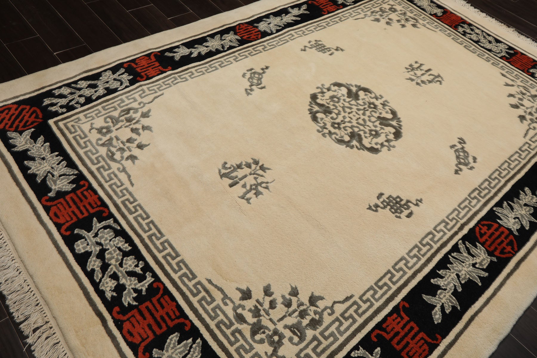 6x9 Ivory, Black, Orange Color Hand Knotted Chinese Art Deco New Zealand Wool Traditional Oriental Rug