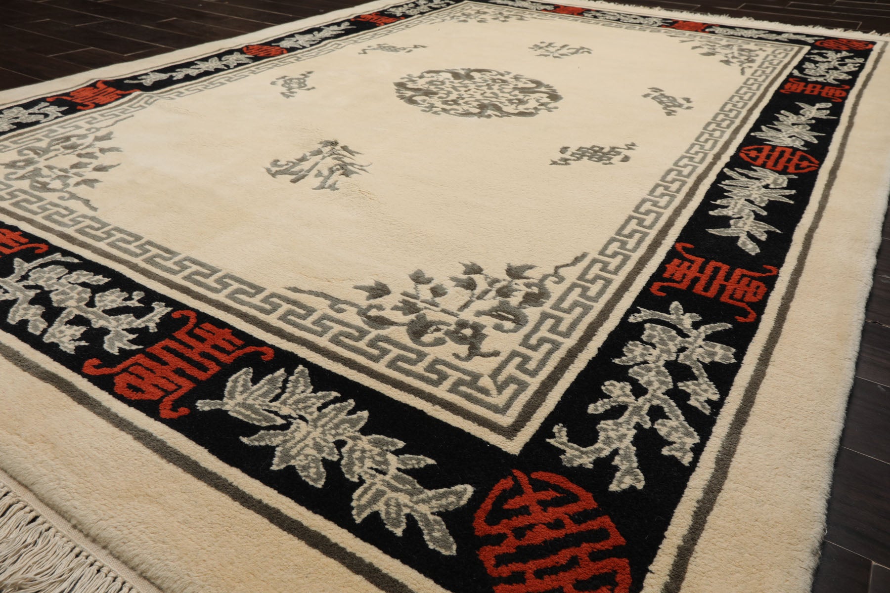 6x9 Ivory, Black, Orange Color Hand Knotted Chinese Art Deco New Zealand Wool Traditional Oriental Rug