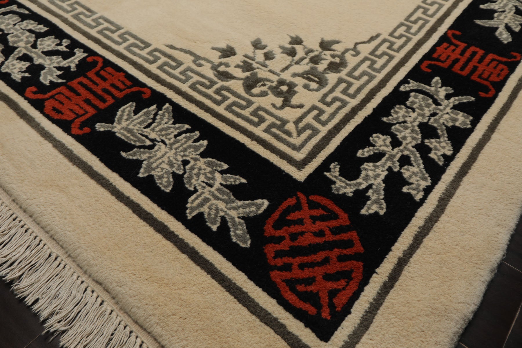 6x9 Ivory, Black, Orange Color Hand Knotted Chinese Art Deco New Zealand Wool Traditional Oriental Rug