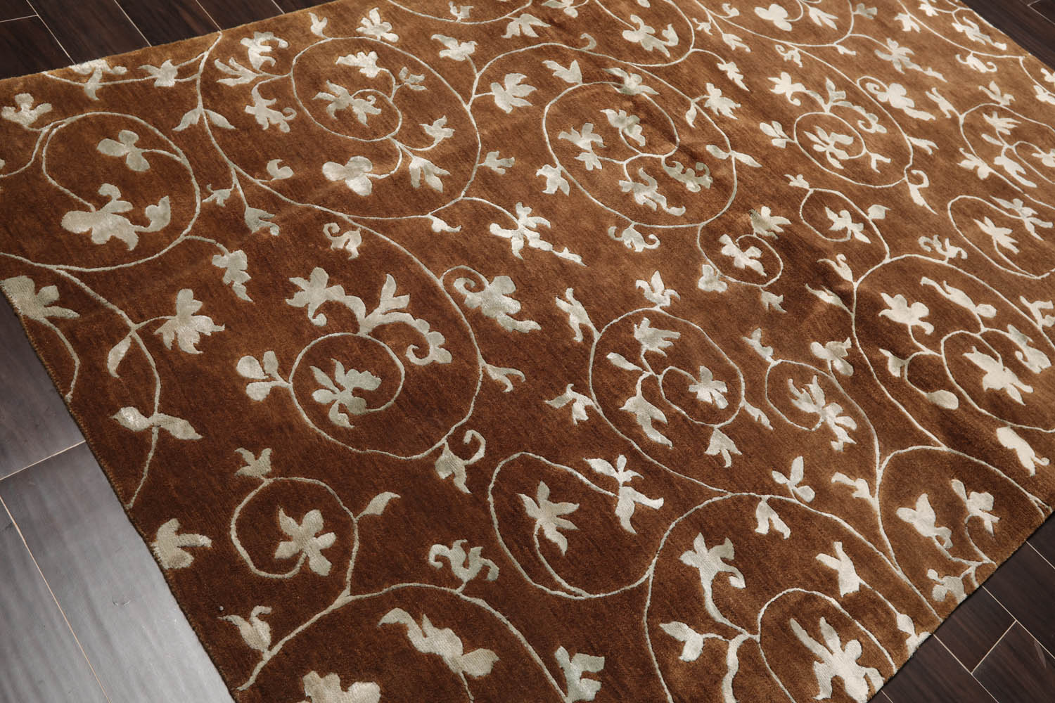 6x9 Brown, Aqua, Color Hand Knotted Floral 100% Wool Transitional Oriental Rug