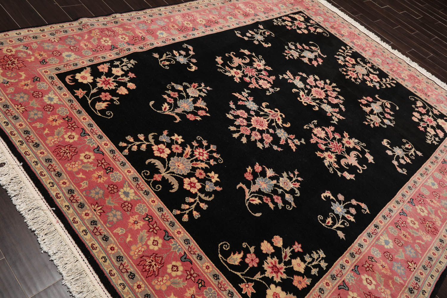 8x10 Black, Pink, Gray Color Hand Knotted All-Over 100% Wool Traditional Oriental Rug