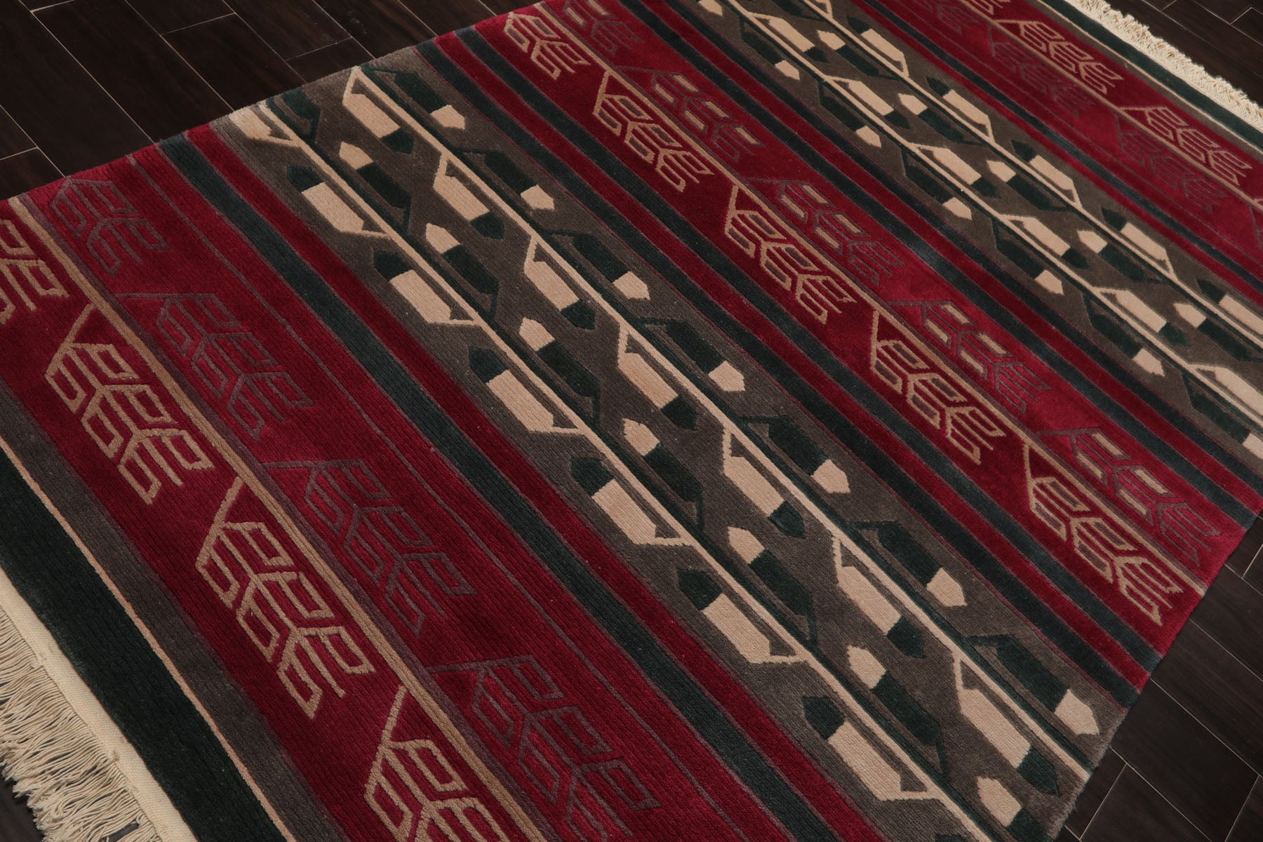 5x8 Plum, Teal, Gray Color Hand Knotted Tibetan New Zealand Wool Art Deco Oriental Rug