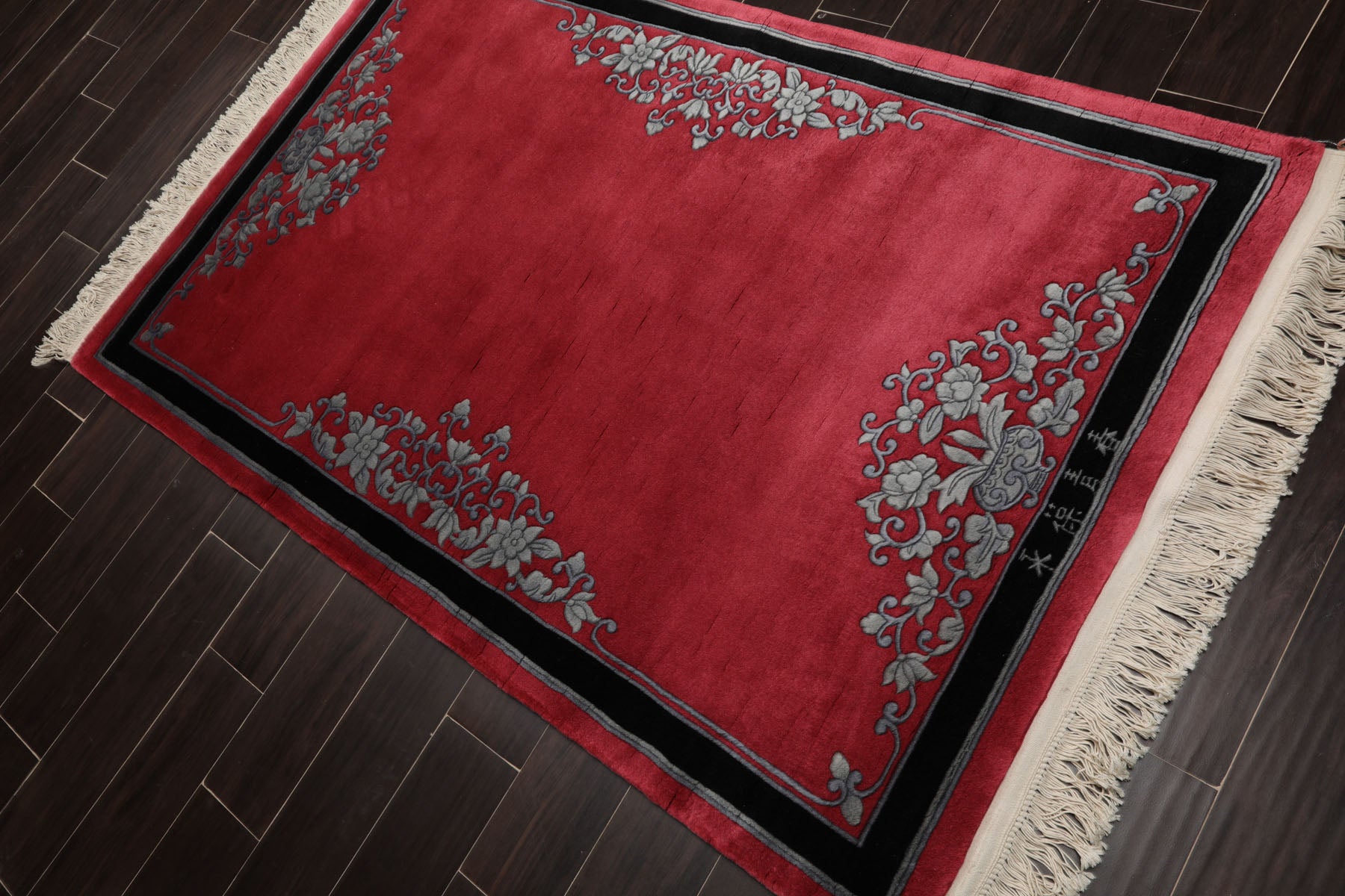 4x6 Rose, Black, Gray Color Hand Knotted Chinese Art Deco Wool Traditional Oriental Rug