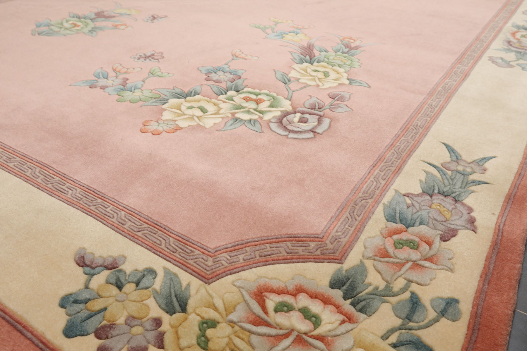 5x8 Rose, Ivory, Aqua Color Hand Knotted French Aubusson Savonnerie Wool Traditional Oriental Rug