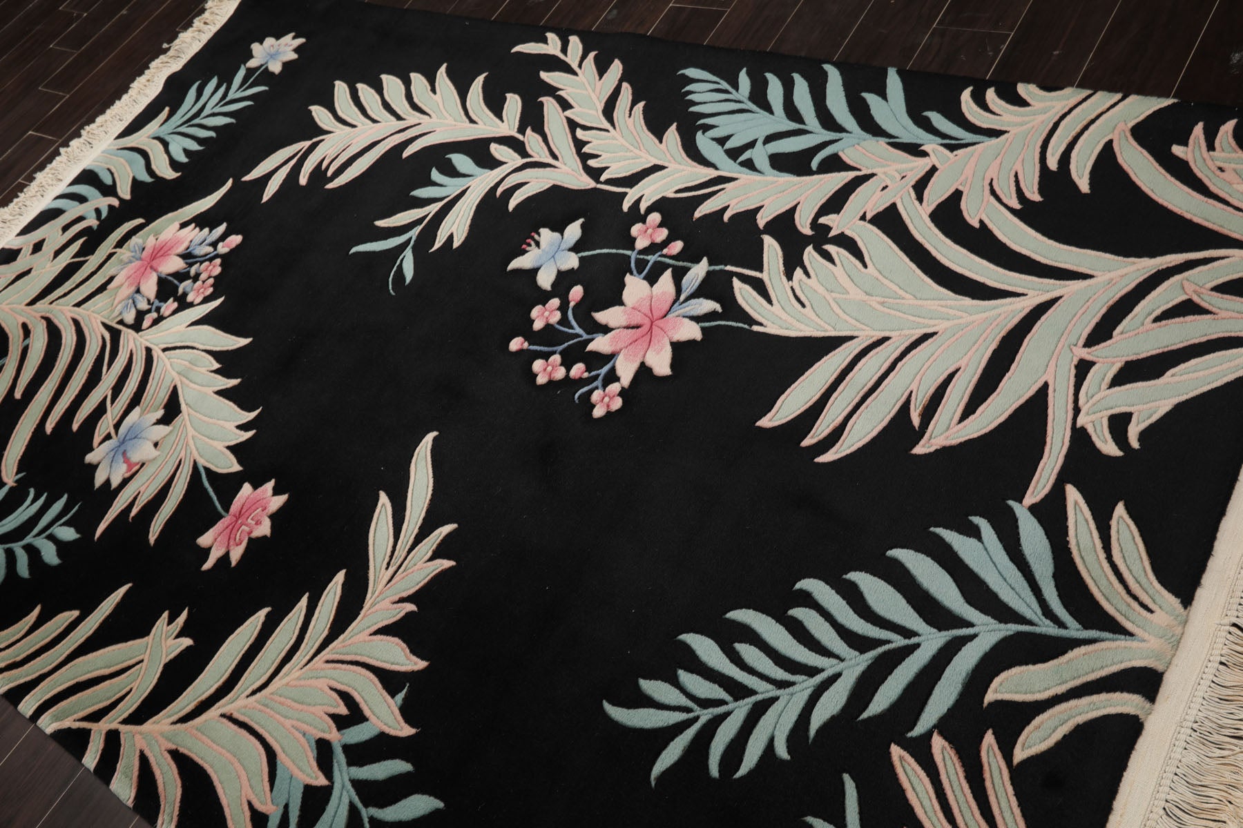 5x8 Black, Aqua, Mint Color Hand Knotted French Aubusson Savonnerie Wool Traditional Oriental Rug