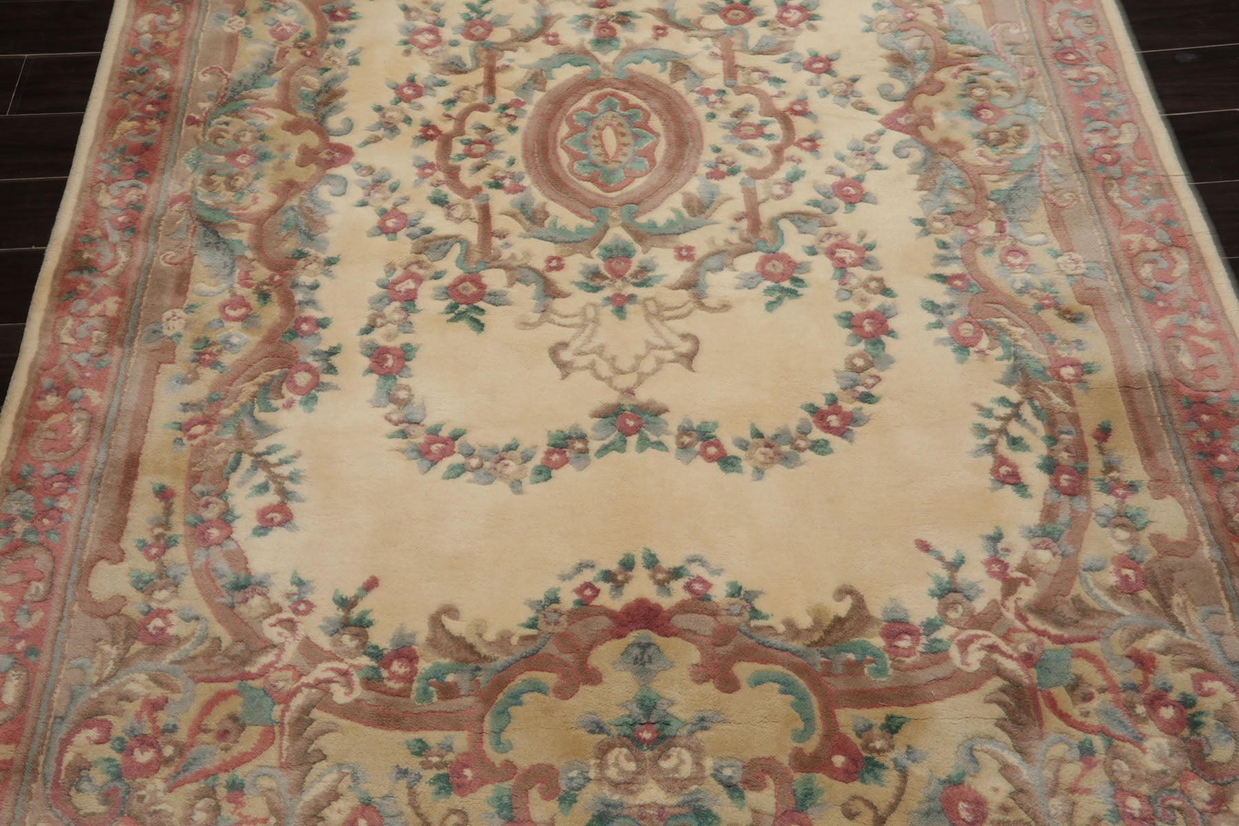 6x9 Ivory, Blush, Brown Color Hand Knotted French Aubusson Savonnerie New Zealand Wool Traditional Oriental Rug