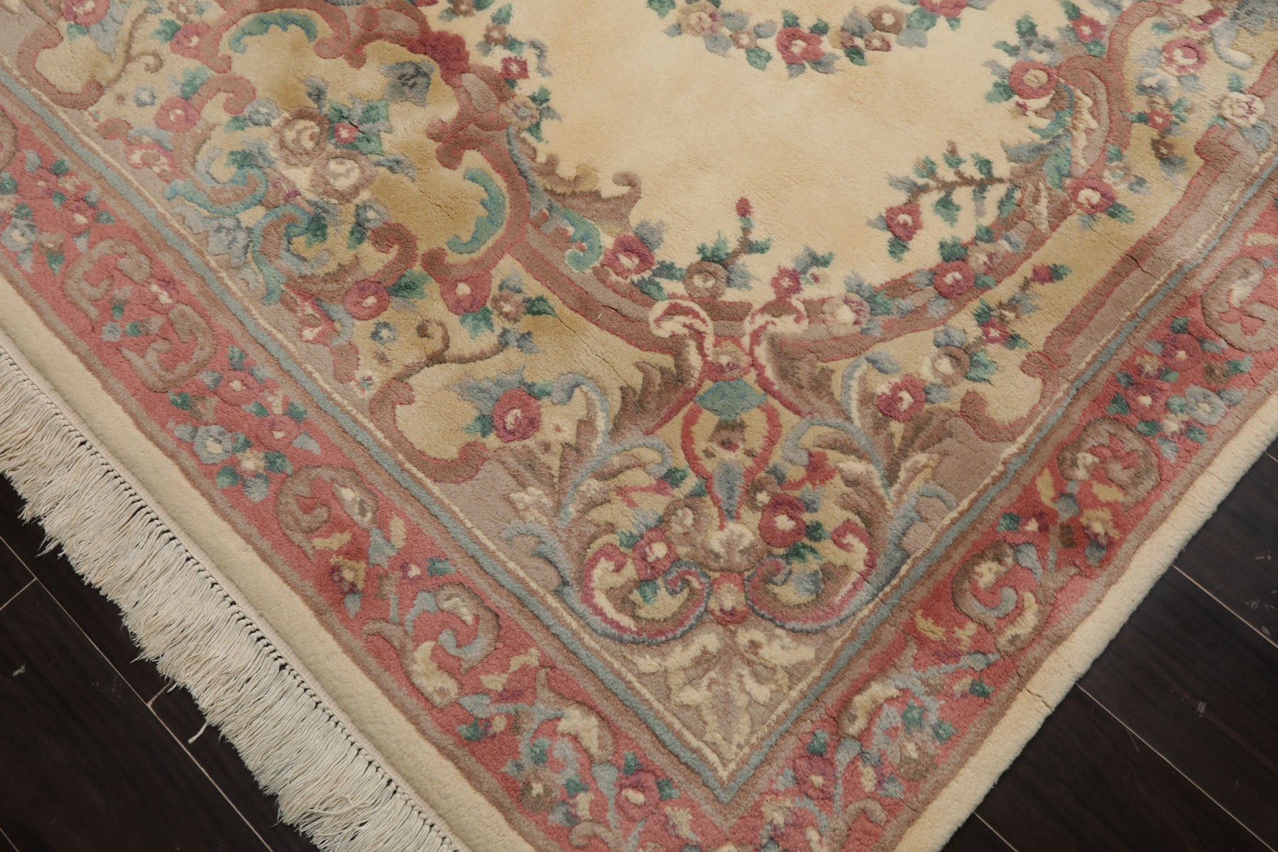 6x9 Ivory, Blush, Brown Color Hand Knotted French Aubusson Savonnerie New Zealand Wool Traditional Oriental Rug