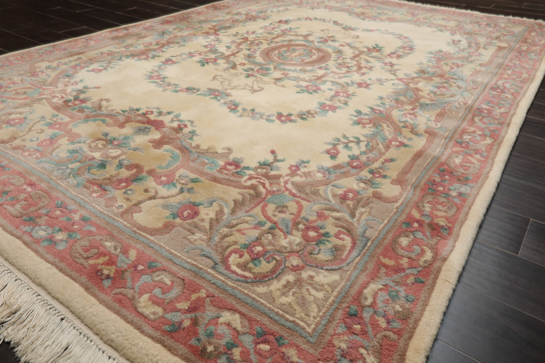 6x9 Ivory, Blush, Brown Color Hand Knotted French Aubusson Savonnerie New Zealand Wool Traditional Oriental Rug