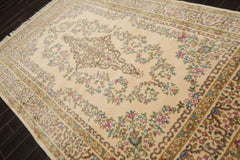 6x9 Ivory, Mustard, Green Color Hand Knotted Kerman New Zealand Wool Traditional Oriental Rug