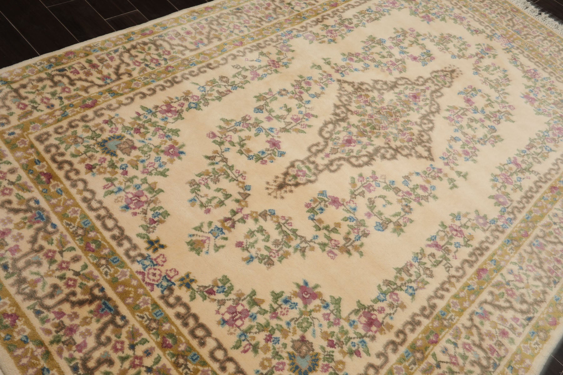 6x9 Ivory, Mustard, Green Color Hand Knotted Kerman New Zealand Wool Traditional Oriental Rug