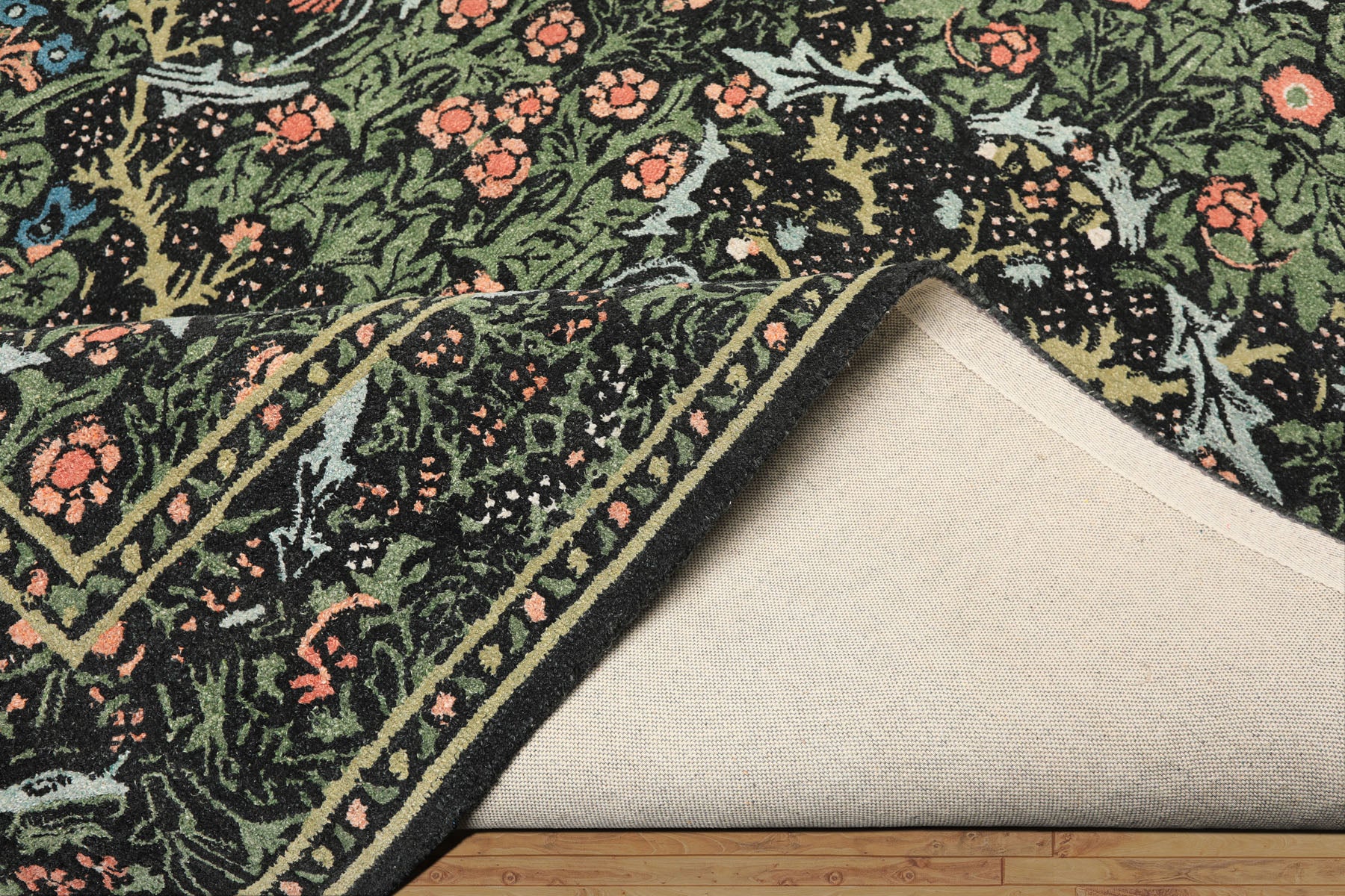 Multi Size Charcoal Sage Rose Color Hand Hooked William Morris Wool Traditional Oriental Rug