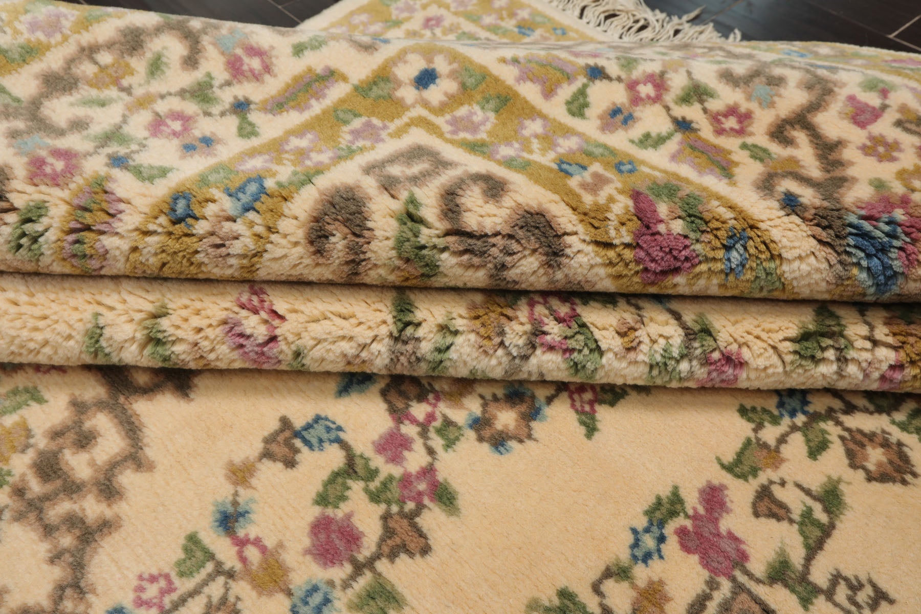 6x9 Ivory, Mustard, Green Color Hand Knotted Kerman New Zealand Wool Traditional Oriental Rug
