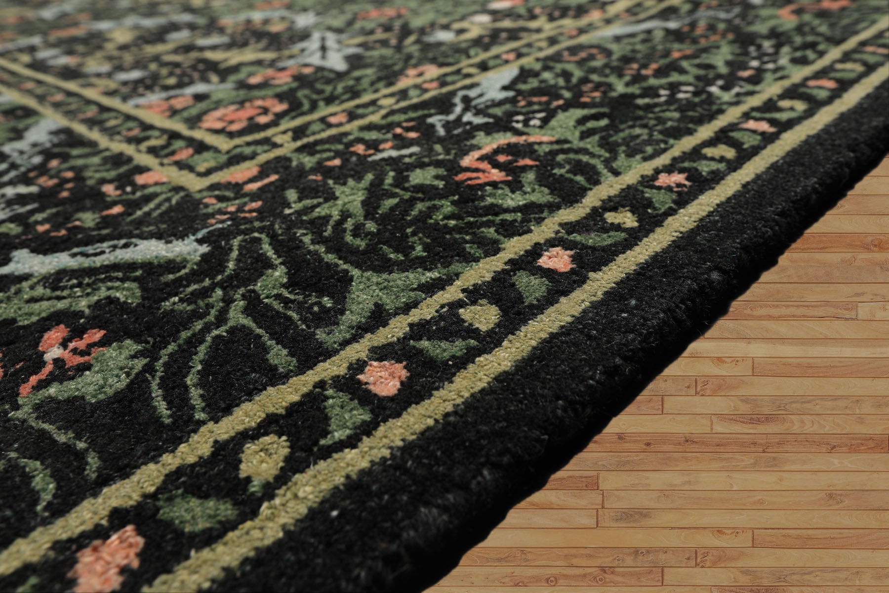 Multi Size Charcoal Sage Rose Color Hand Hooked William Morris Wool Traditional Oriental Rug