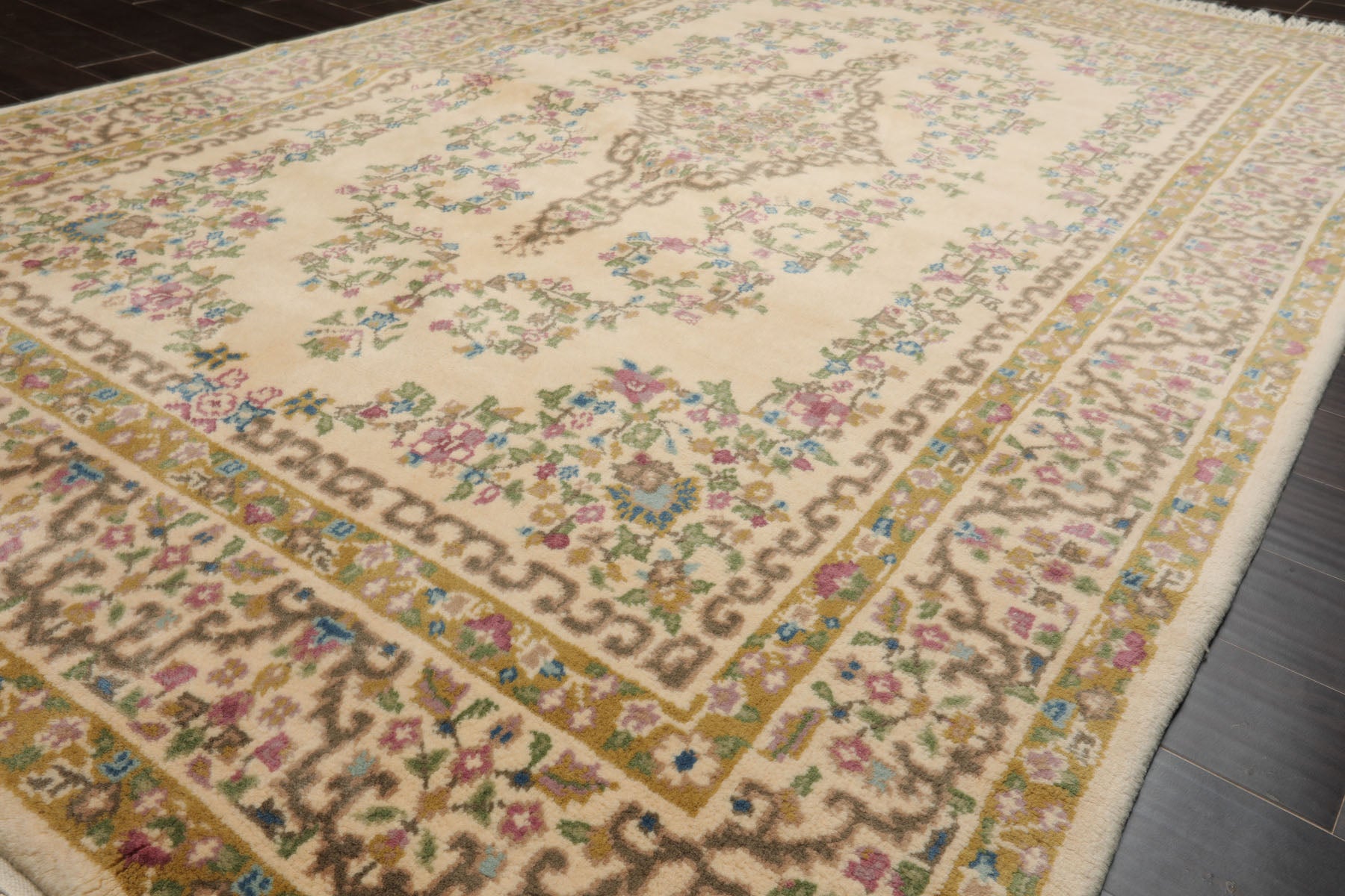 6x9 Ivory, Mustard, Green Color Hand Knotted Kerman New Zealand Wool Traditional Oriental Rug