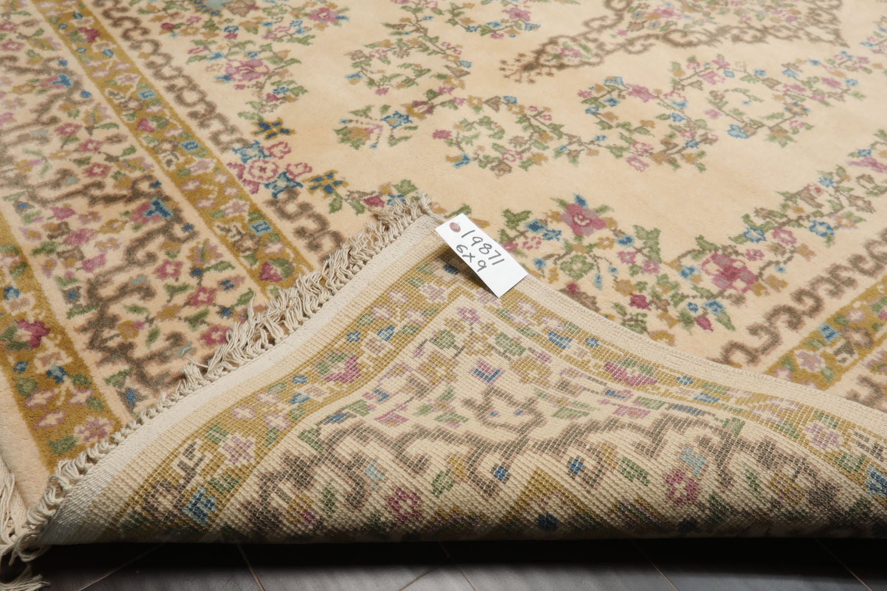 6x9 Ivory, Mustard, Green Color Hand Knotted Kerman New Zealand Wool Traditional Oriental Rug