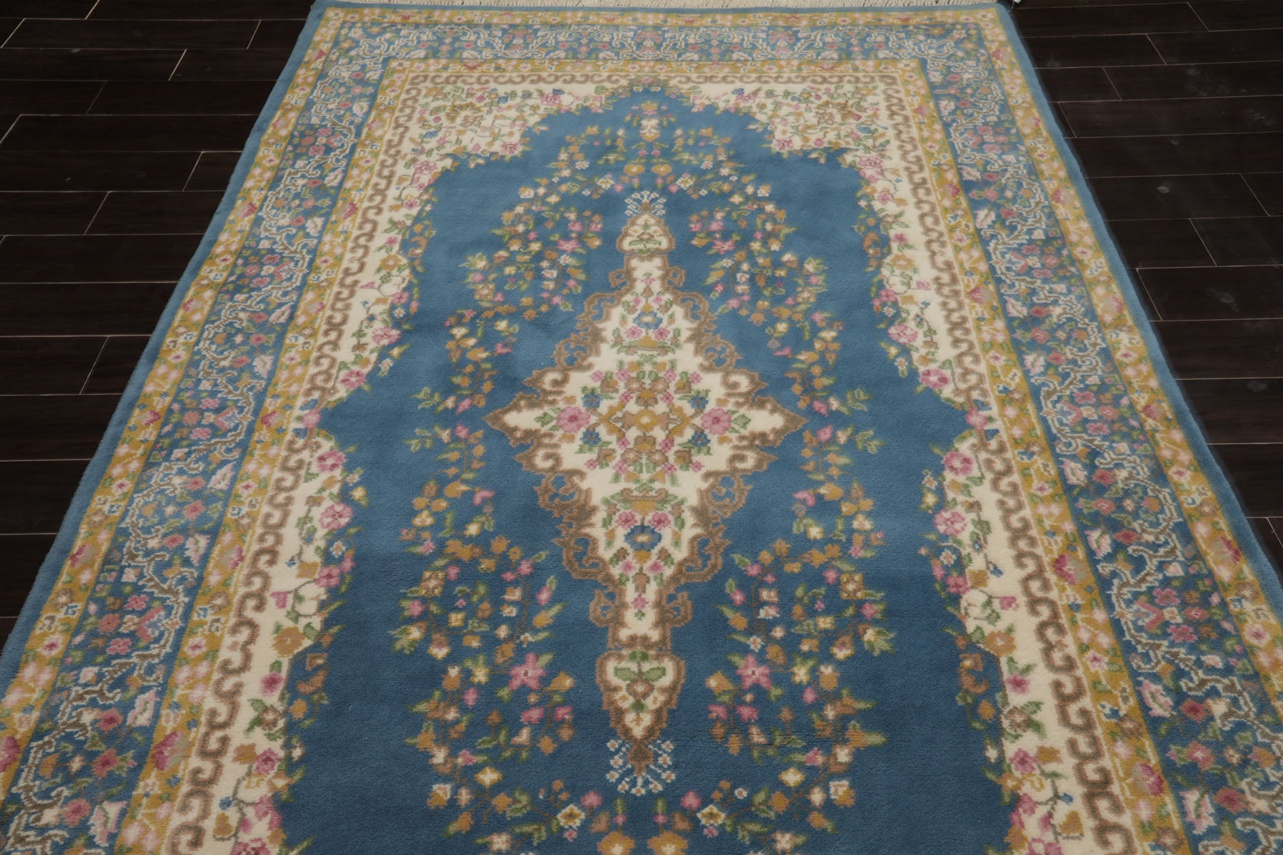 6x9 Blue, Ivory, Gold Color Hand Knotted Kerman New Zealand Wool Traditional Oriental Rug