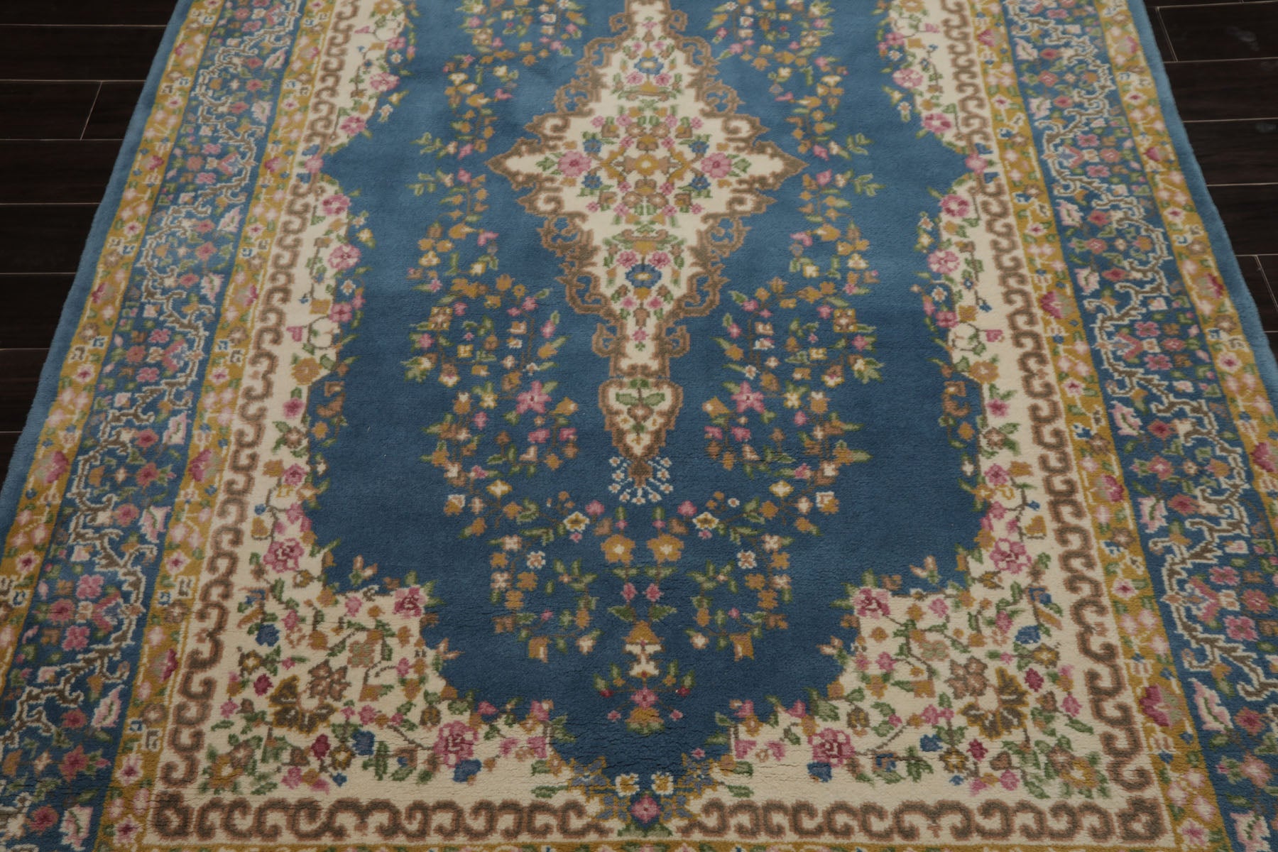 6x9 Blue, Ivory, Gold Color Hand Knotted Kerman New Zealand Wool Traditional Oriental Rug