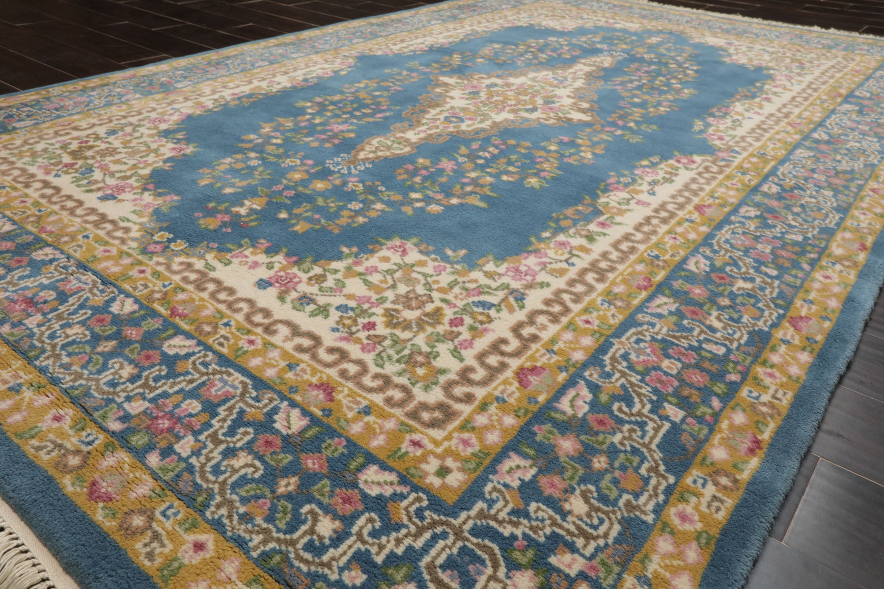 6x9 Blue, Ivory, Gold Color Hand Knotted Kerman New Zealand Wool Traditional Oriental Rug