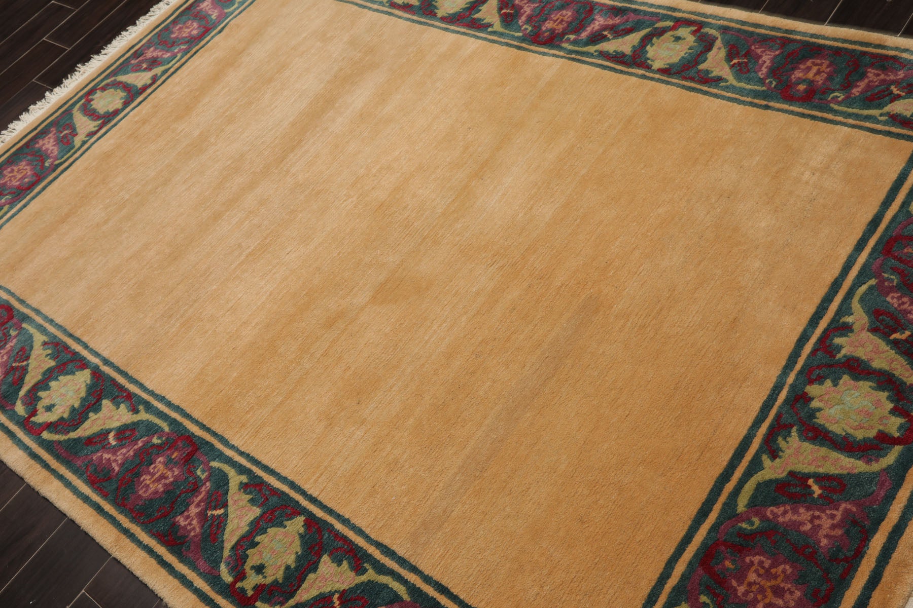5x8 Tan, Teal, Plum Color Hand Knotted Tibetan New Zealand Wool Art Deco Oriental Rug