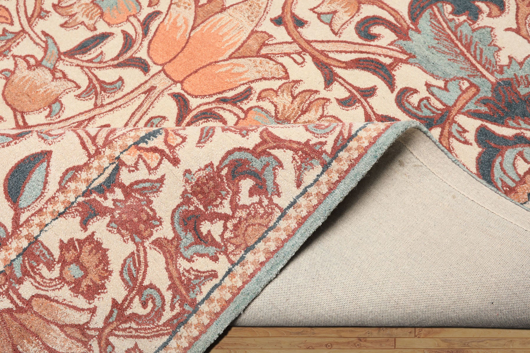 Multi Size Ivory Rust Peach Color Hand Hooked William Morris Wool Traditional Oriental Rug