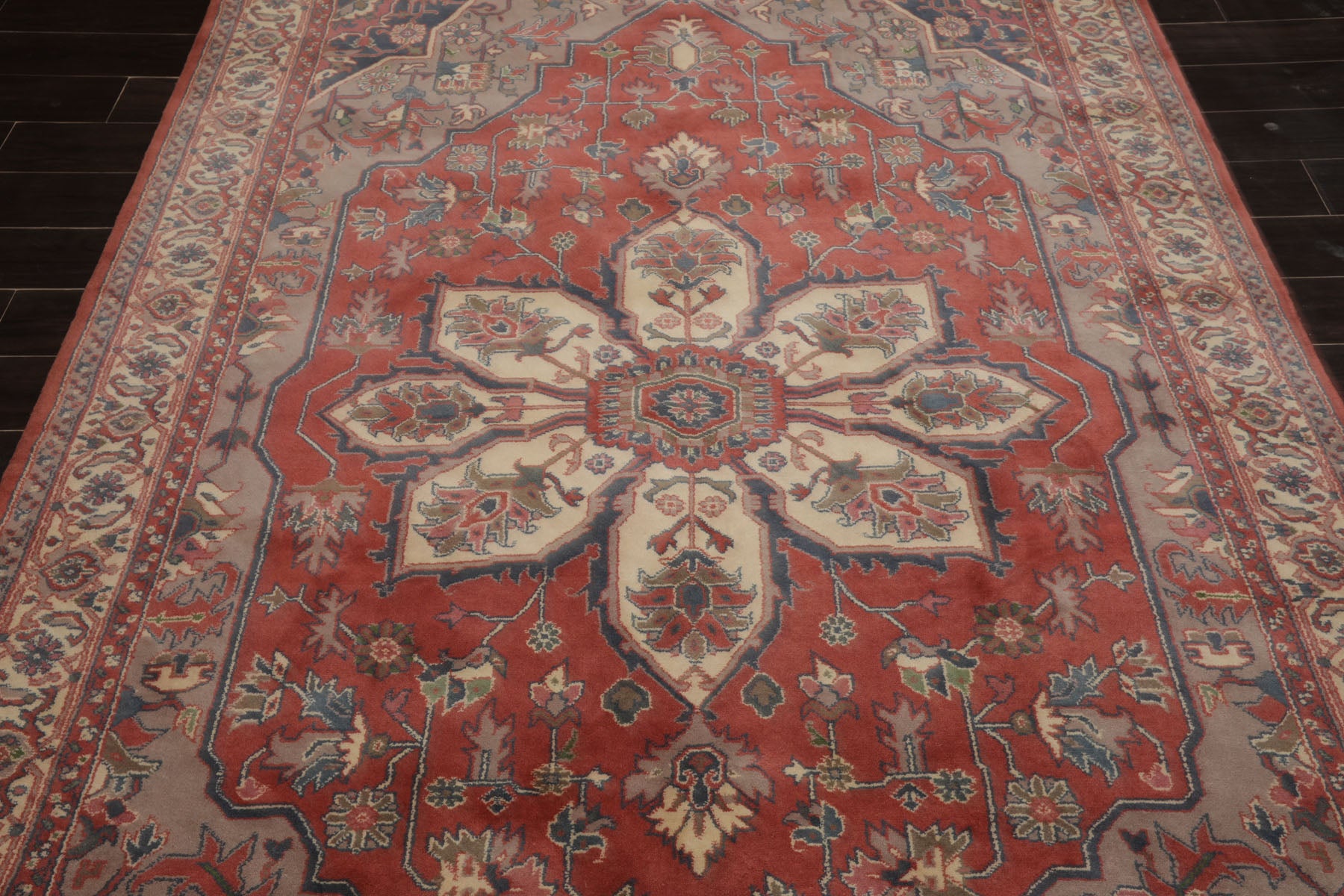 6x9 Rose, Ivory, Taupe Color Hand Knotted Heriz New Zealand Wool Traditional Oriental Rug