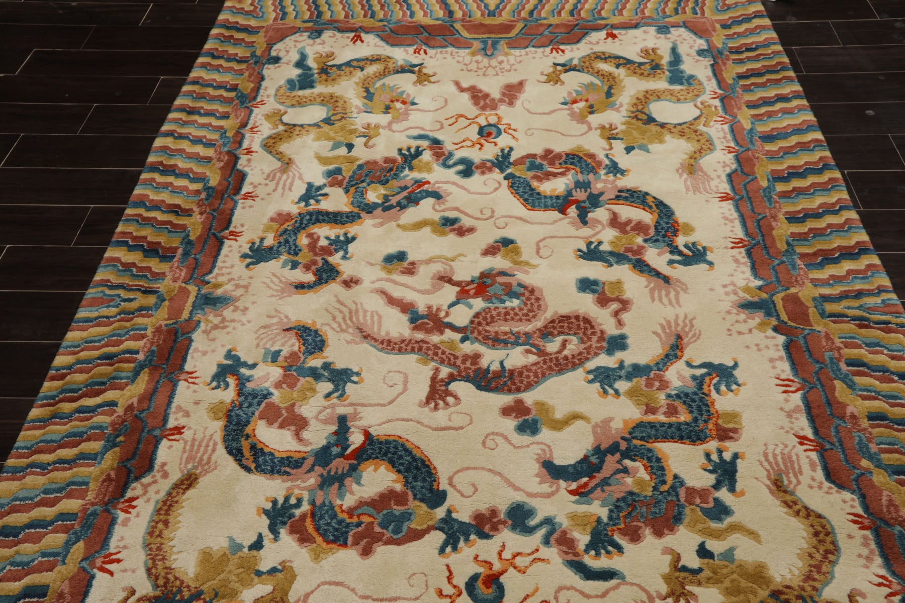 6x9 Ivory, Gold, Brown Color Hand Knotted Tibetan New Zealand Wool Chinese Art Deco Oriental Rug