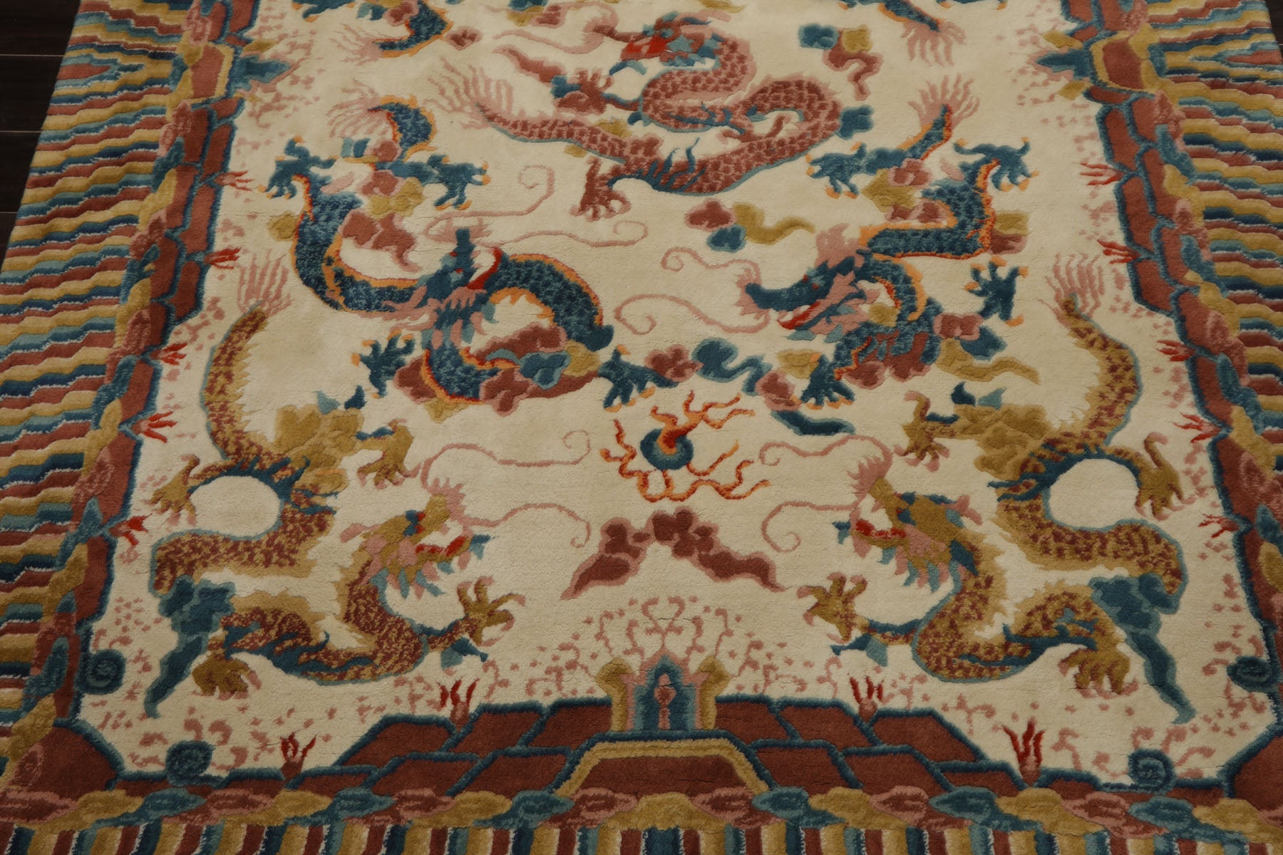 6x9 Ivory, Gold, Brown Color Hand Knotted Tibetan New Zealand Wool Chinese Art Deco Oriental Rug