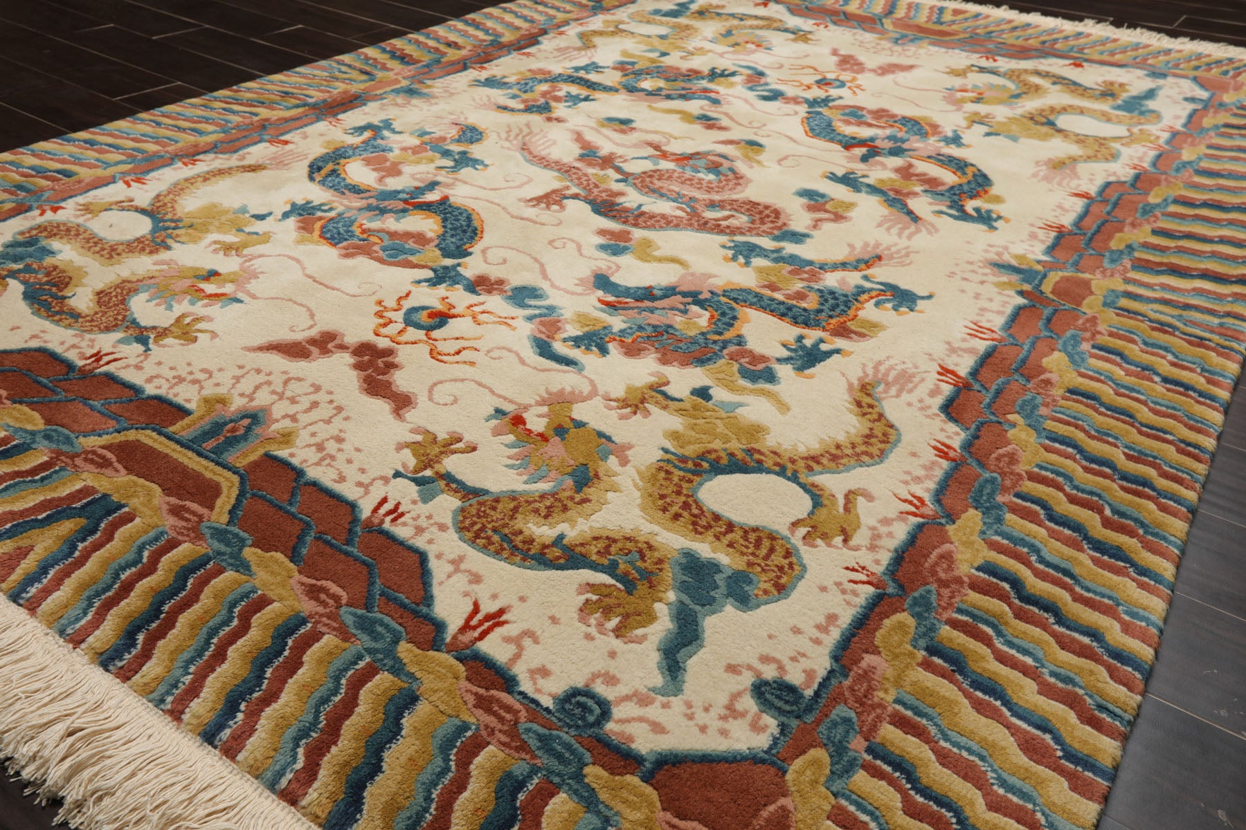6x9 Ivory, Gold, Brown Color Hand Knotted Tibetan New Zealand Wool Chinese Art Deco Oriental Rug